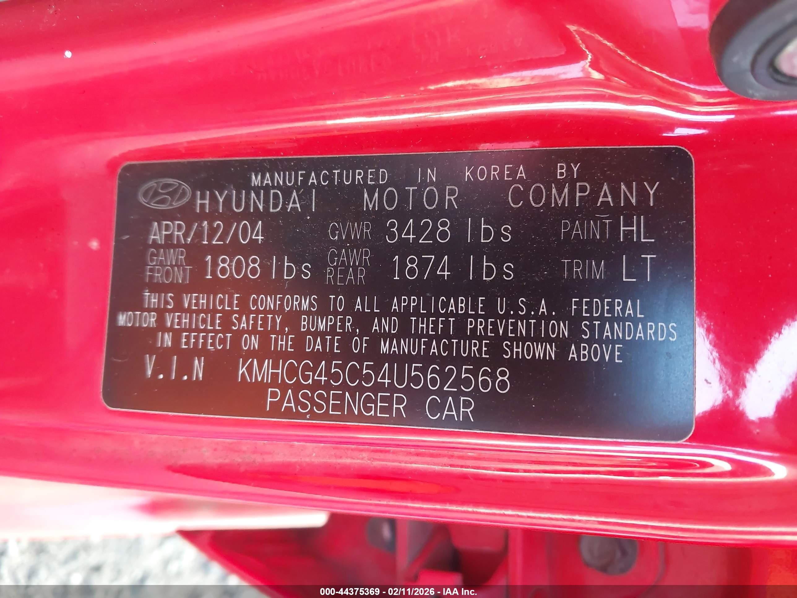 2004 Hyundai Accent Gl Red vin: KMHCG45C54U562568