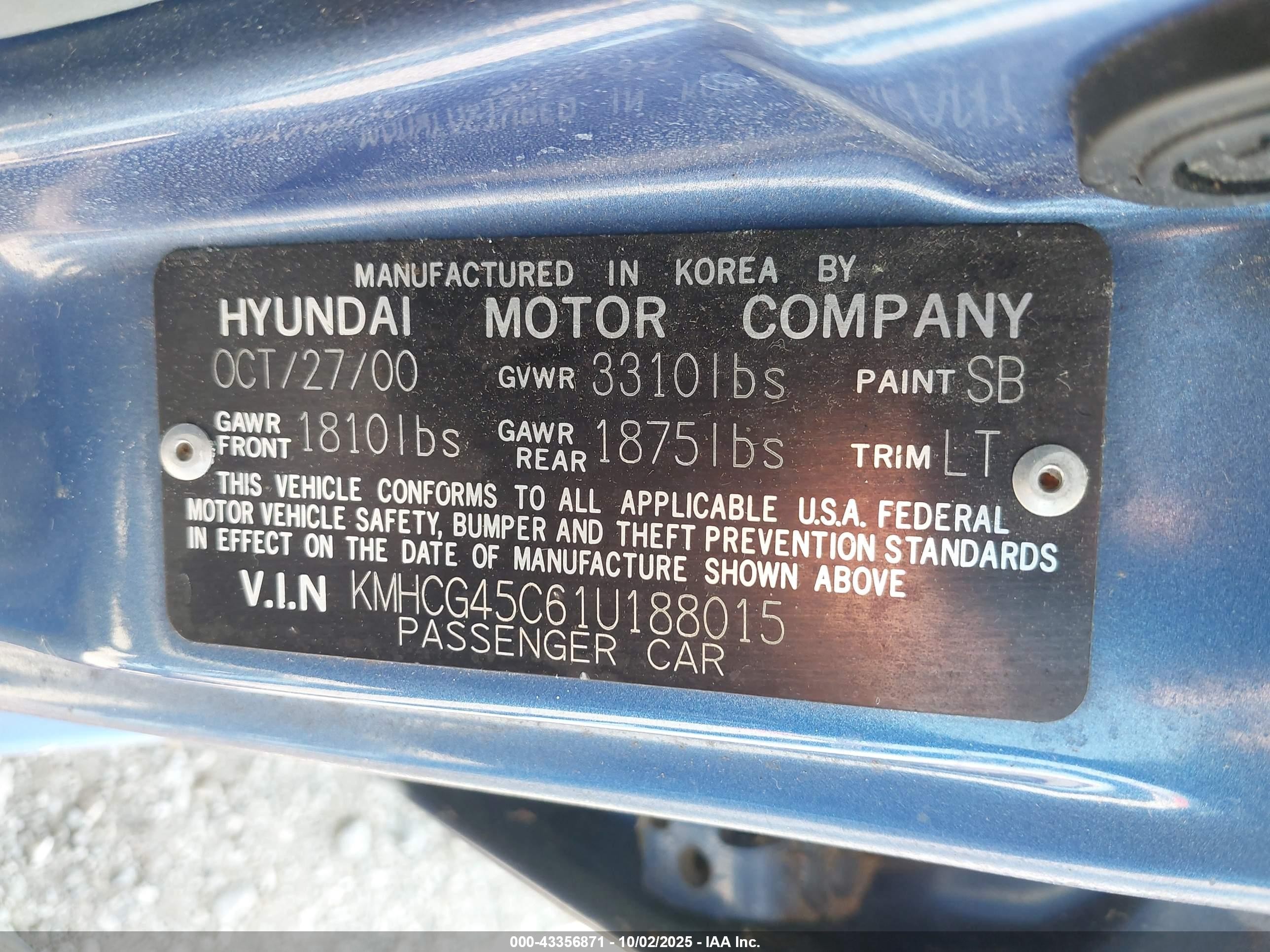 2001 Hyundai Accent Gl Blue vin: KMHCG45C61U188015
