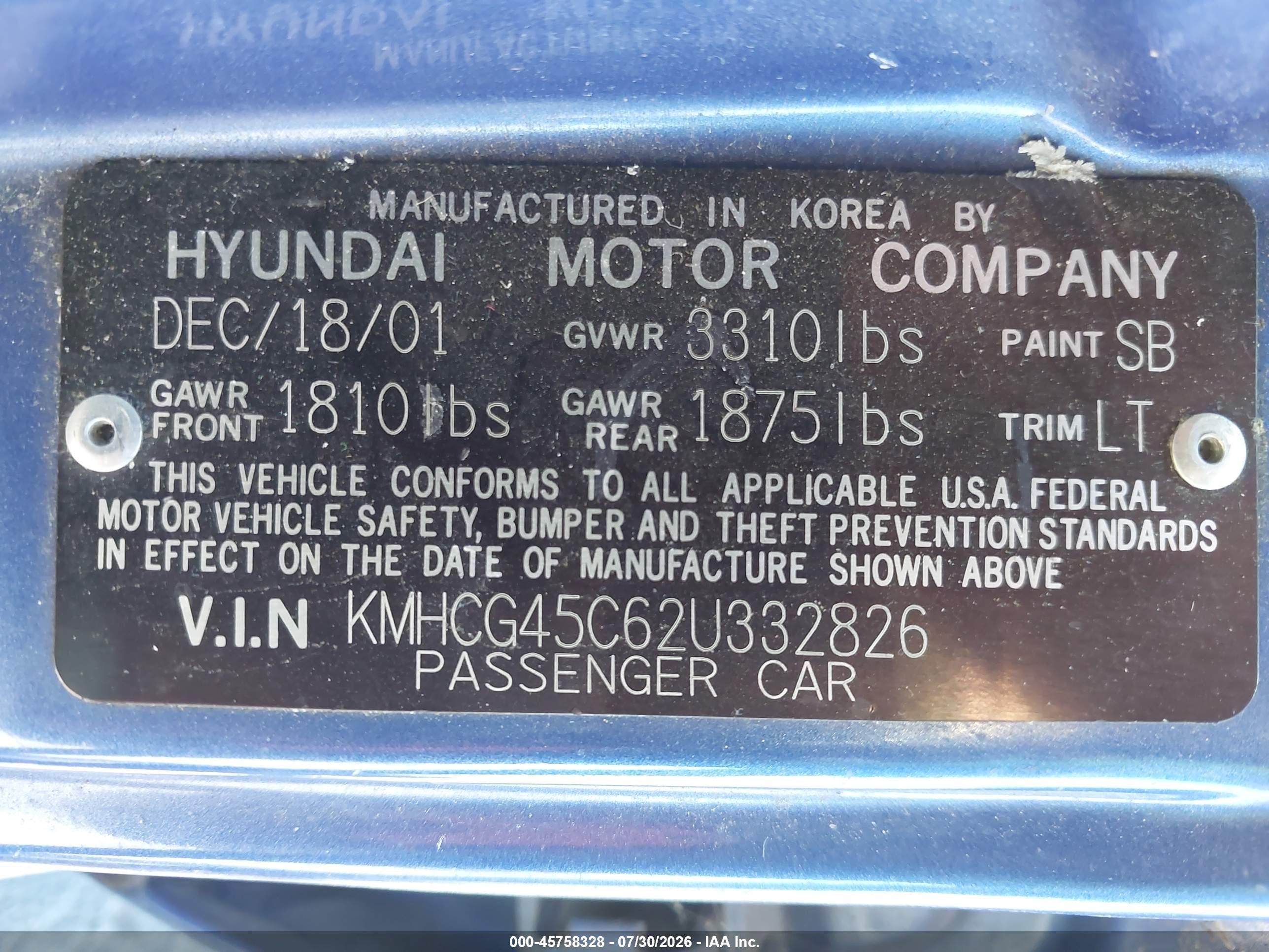 2002 Hyundai Accent Gl Blue vin: KMHCG45C62U332826