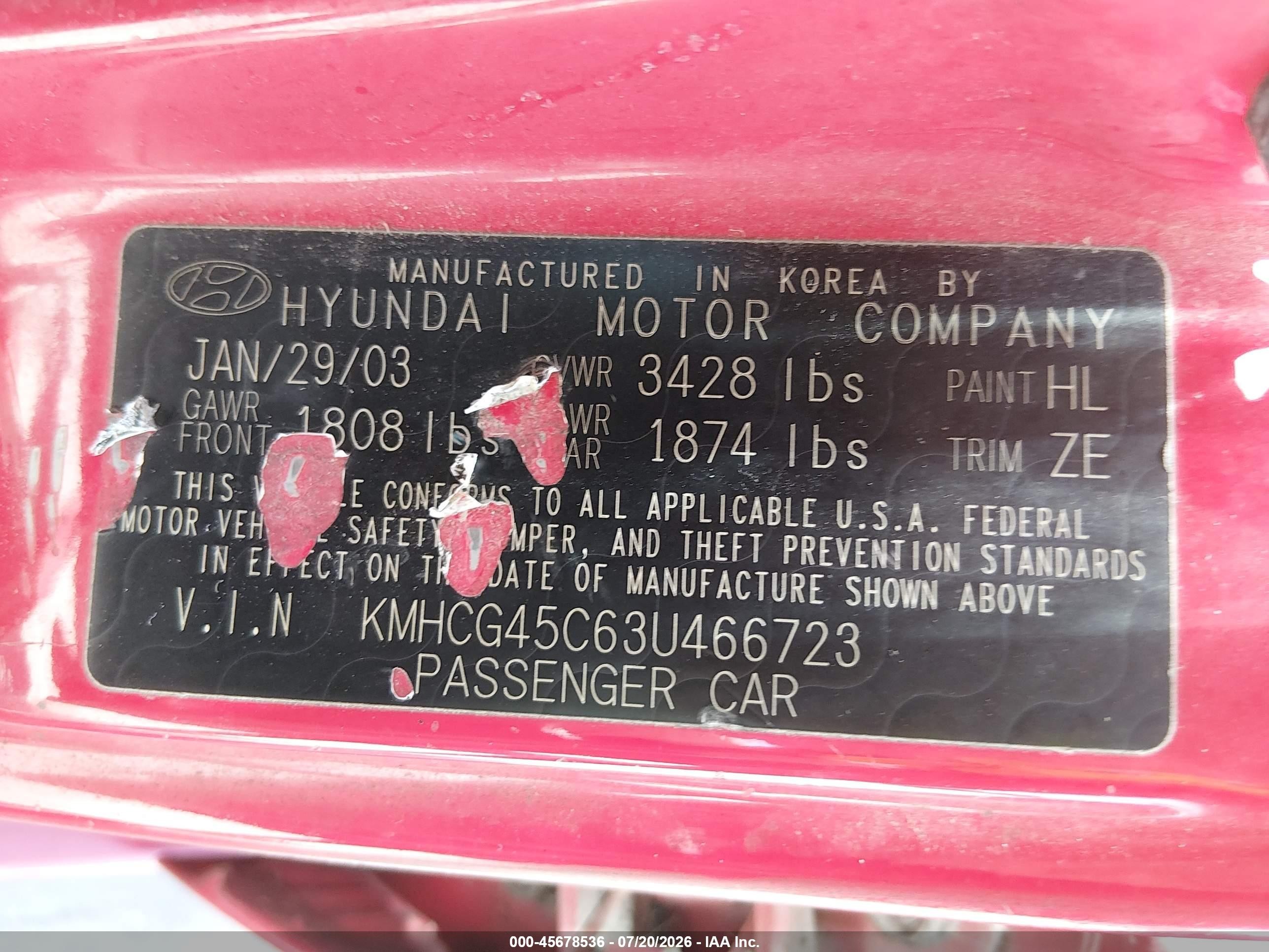 2003 Hyundai Accent Gl Red vin: KMHCG45C63U466723