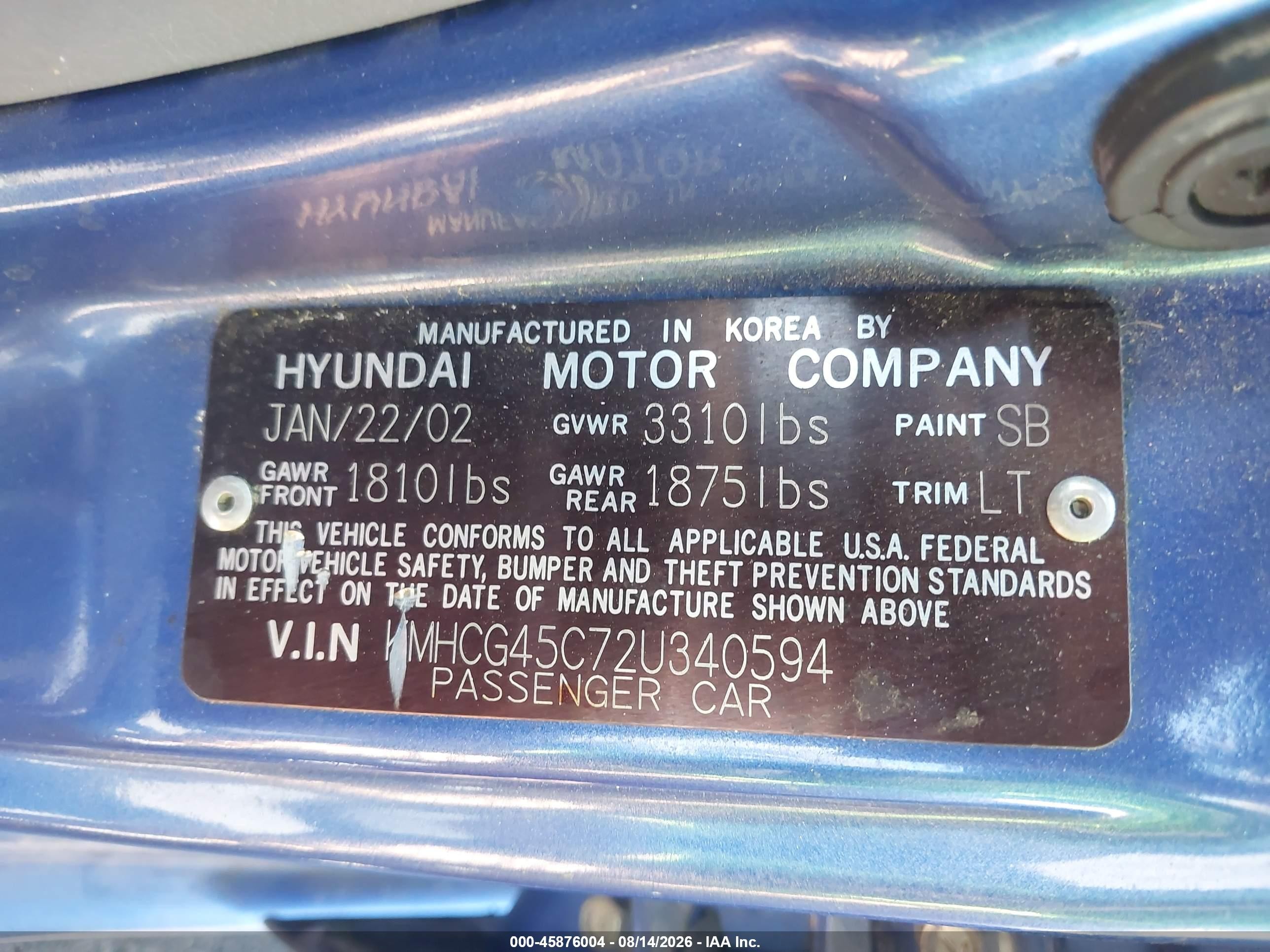 2002 Hyundai Accent Gl Blue vin: KMHCG45C72U340594