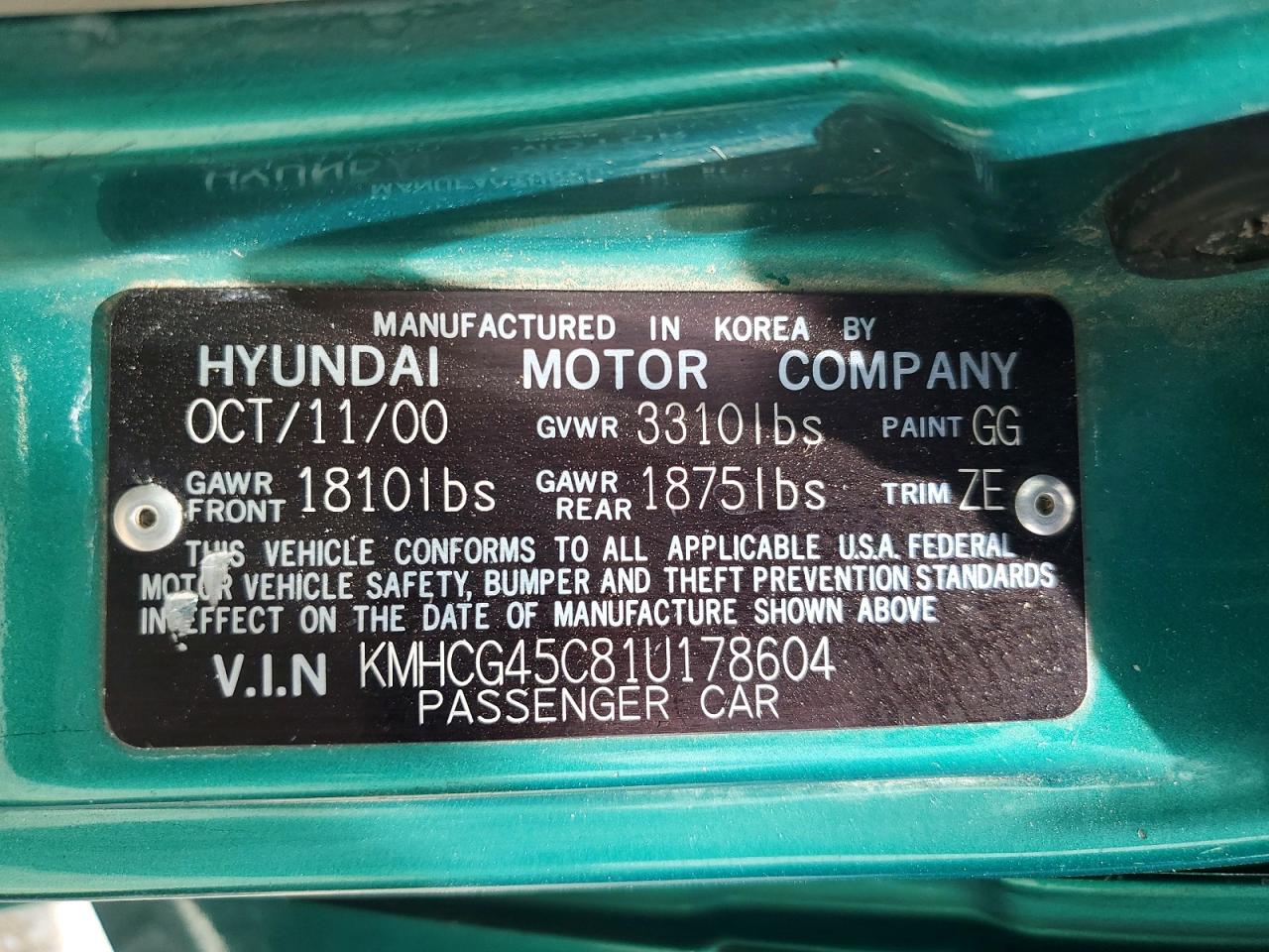 2001 Hyundai Accent Gl Green vin: KMHCG45C81U178604