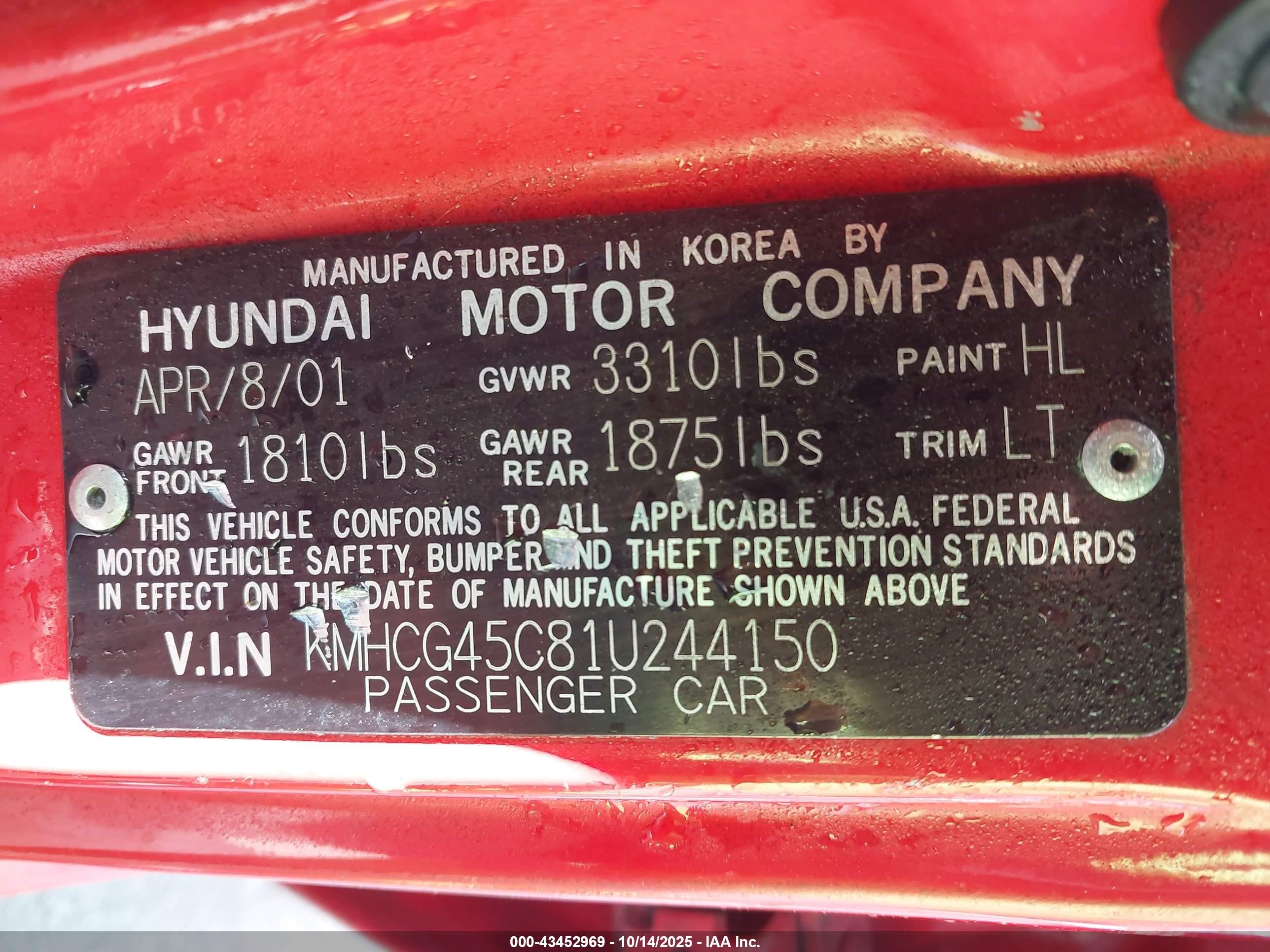 2001 Hyundai Accent Gl Красный vin: KMHCG45C81U244150