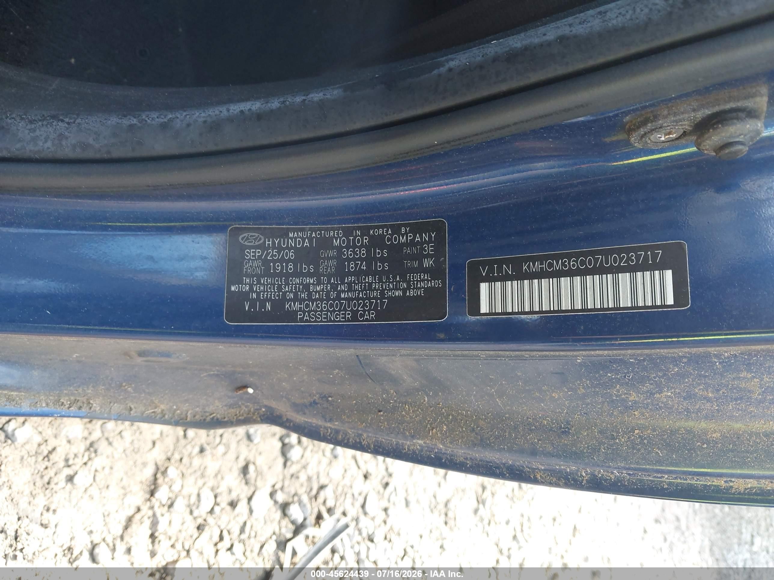 2007 Hyundai Accent Gs Blue vin: KMHCM36C07U023717