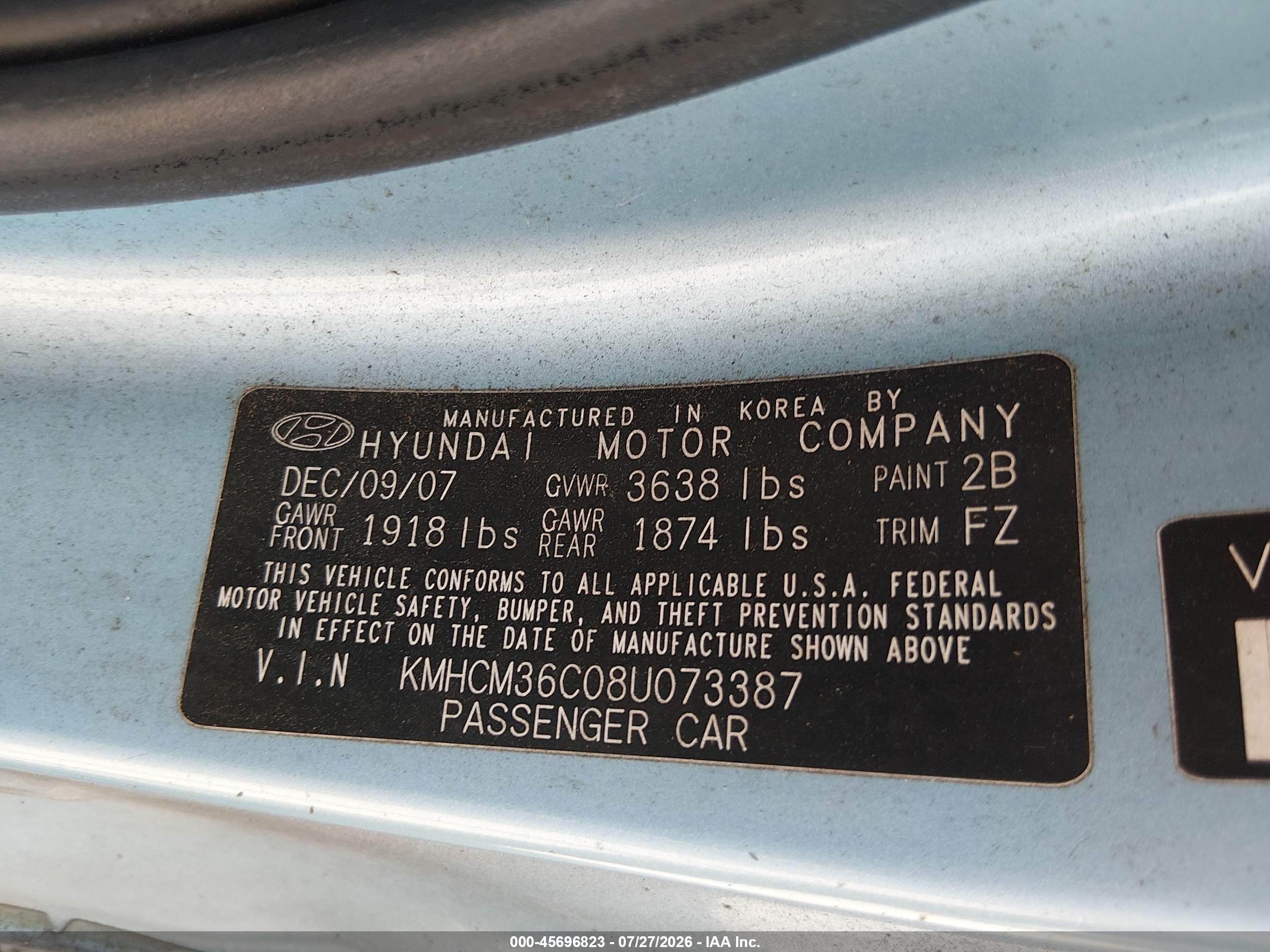 2008 Hyundai Accent Gs Blue vin: KMHCM36C08U073387