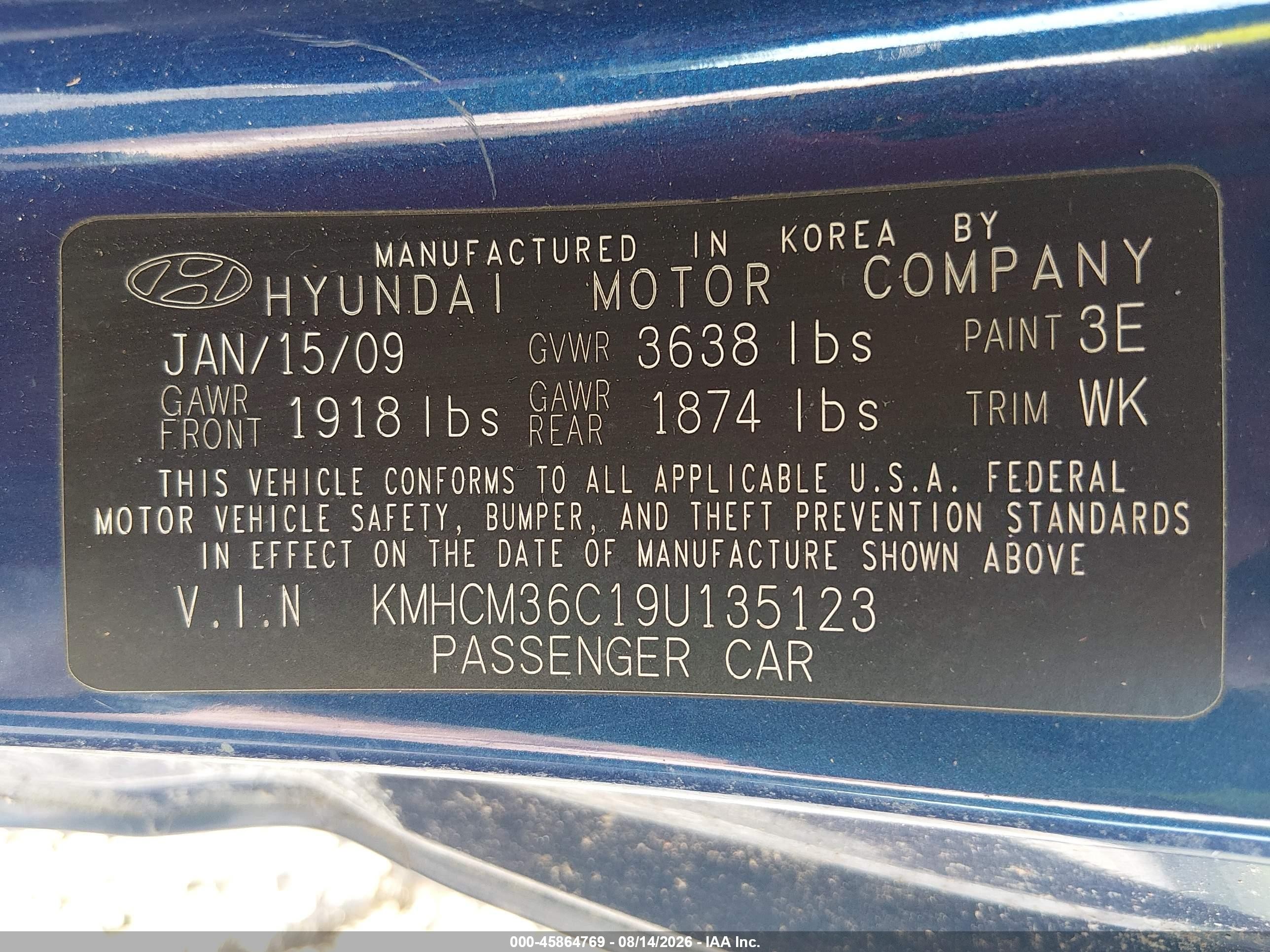 2009 Hyundai Accent Gs Blue vin: KMHCM36C19U135123