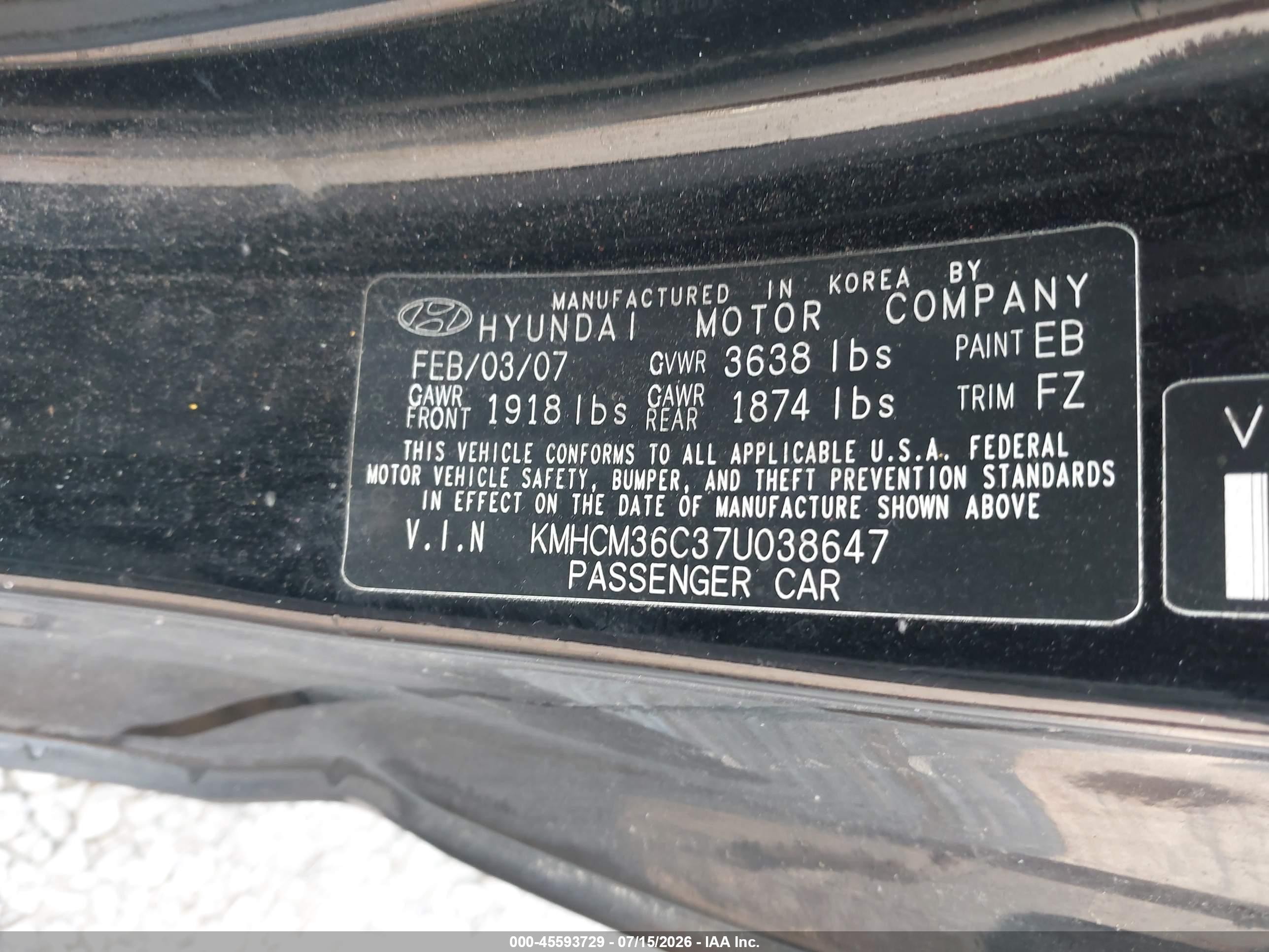 2007 Hyundai Accent Gs Black vin: KMHCM36C37U038647
