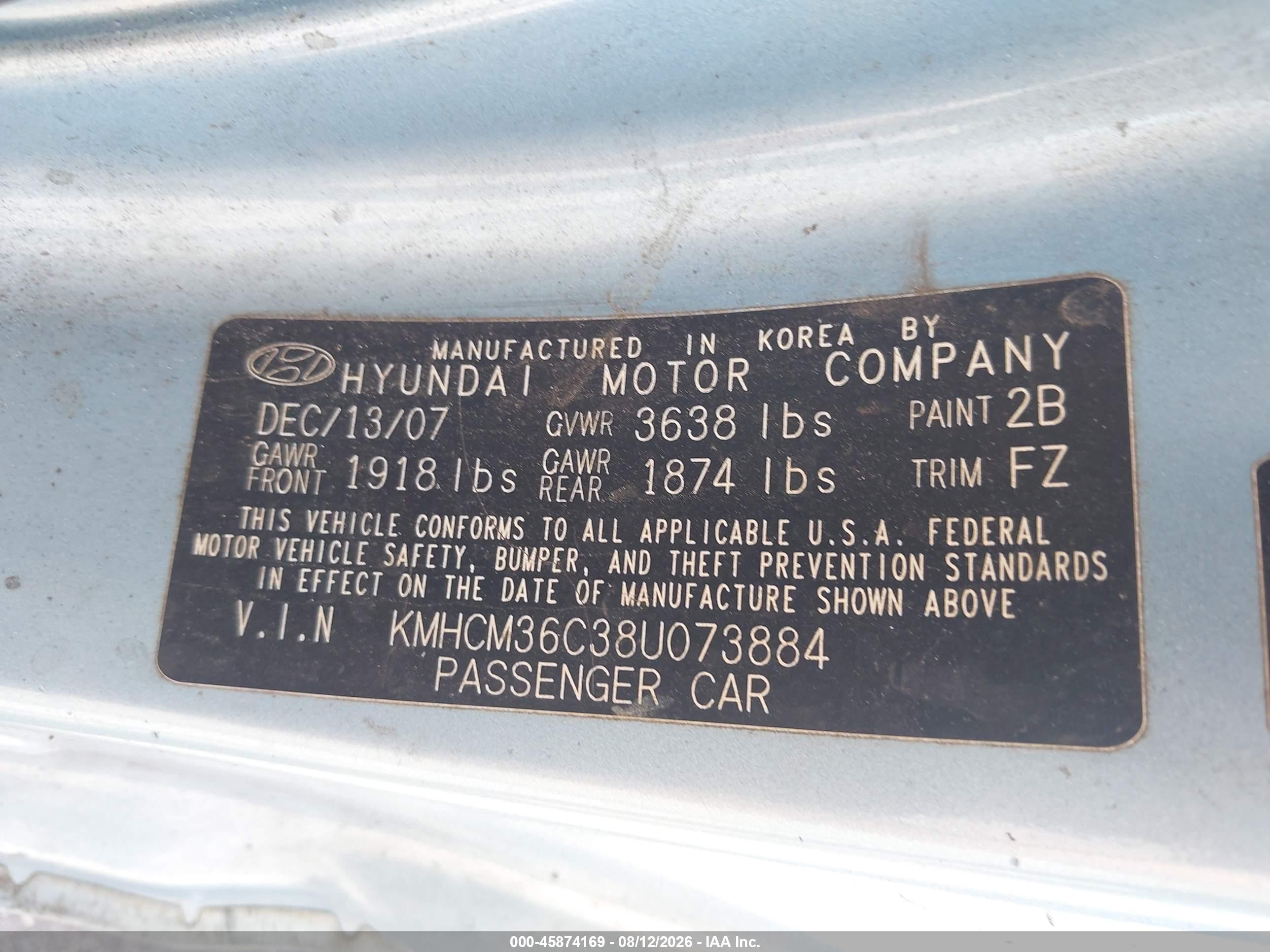2008 Hyundai Accent Gs Light Blue vin: KMHCM36C38U073884