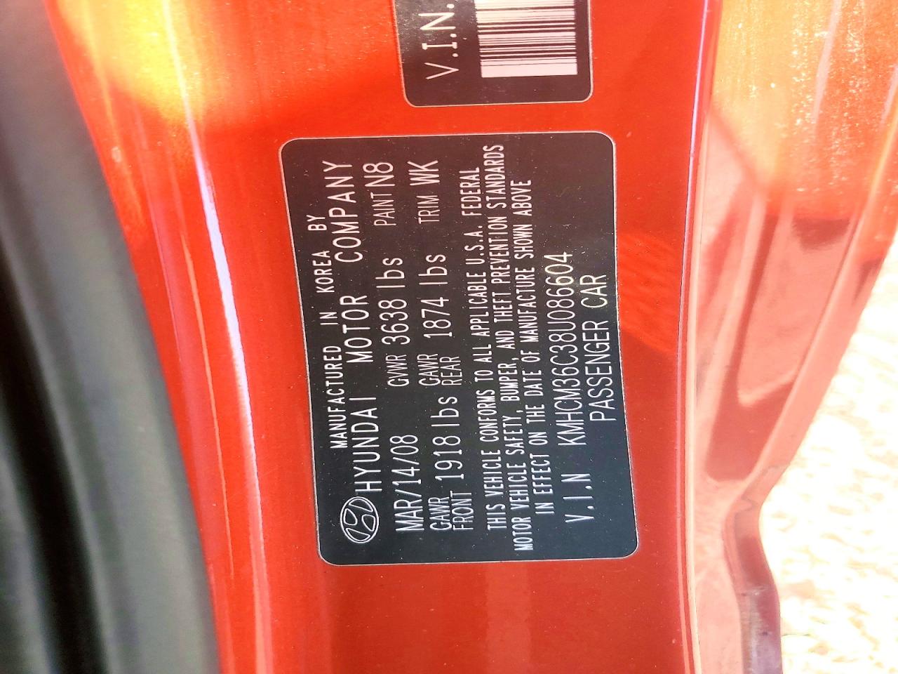 2008 Hyundai Accent Orange vin: KMHCM36C38U086604