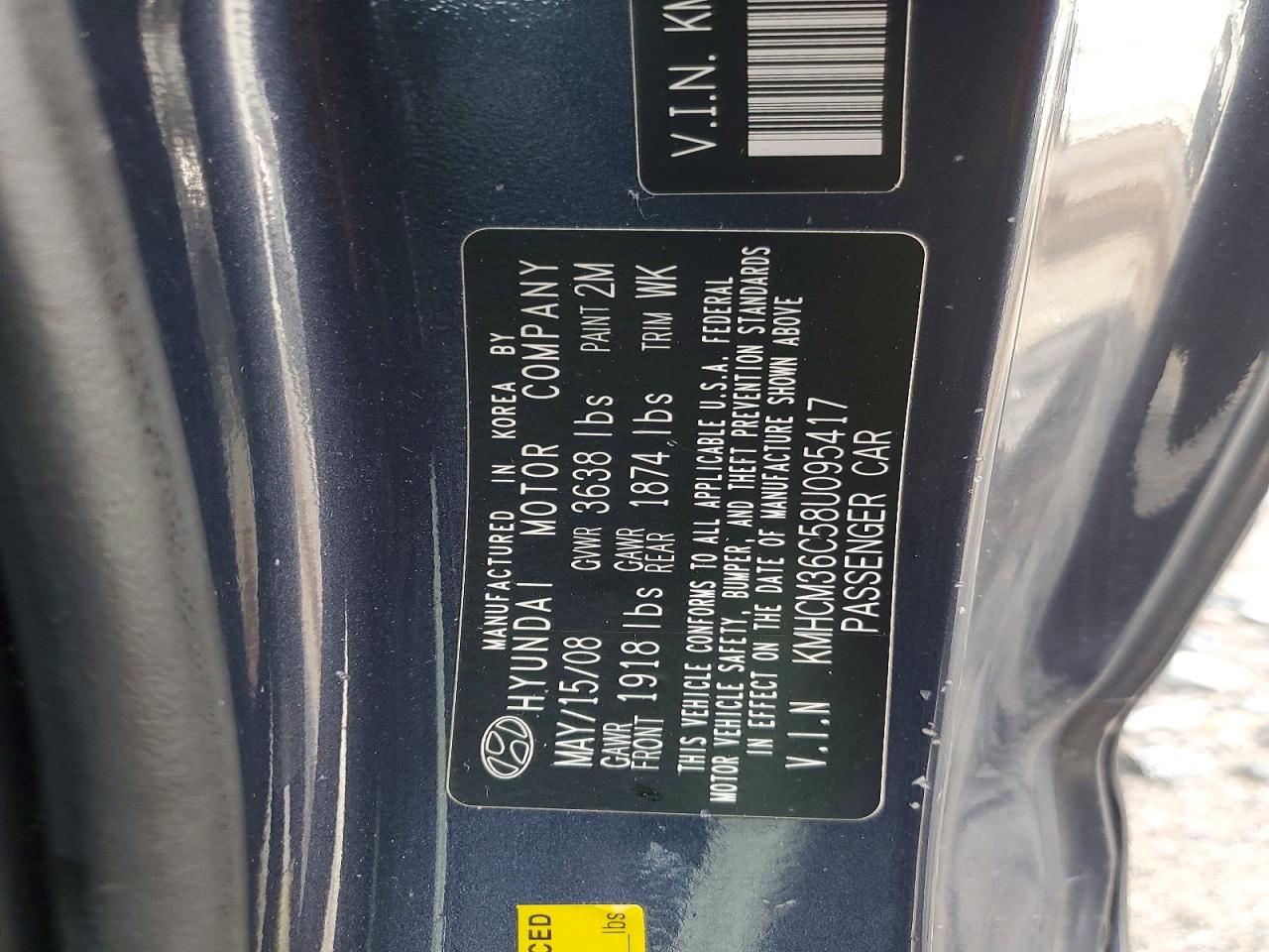 2008 Hyundai Accent Gs Charcoal vin: KMHCM36C58U095417