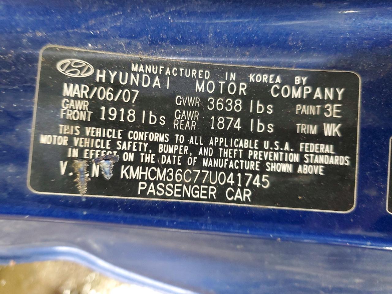 2007 Hyundai Accent Gs Blue vin: KMHCM36C77U041745