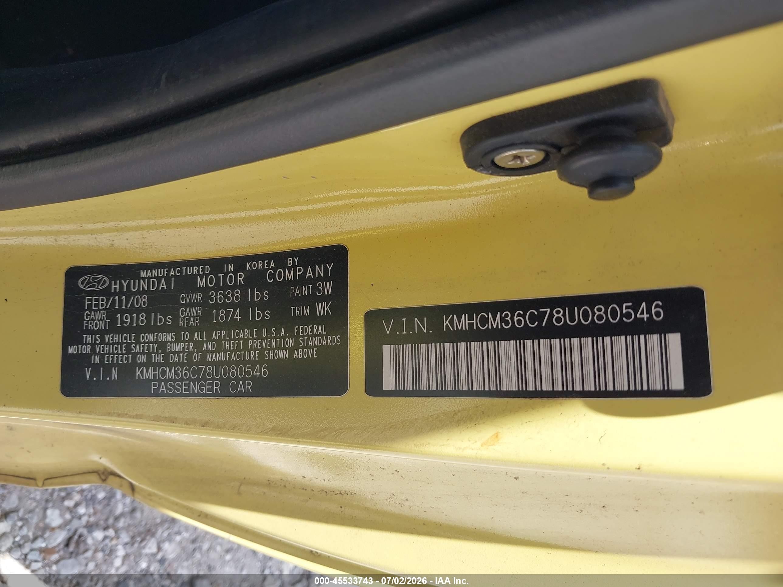 2008 Hyundai Accent Gs Yellow vin: KMHCM36C78U080546