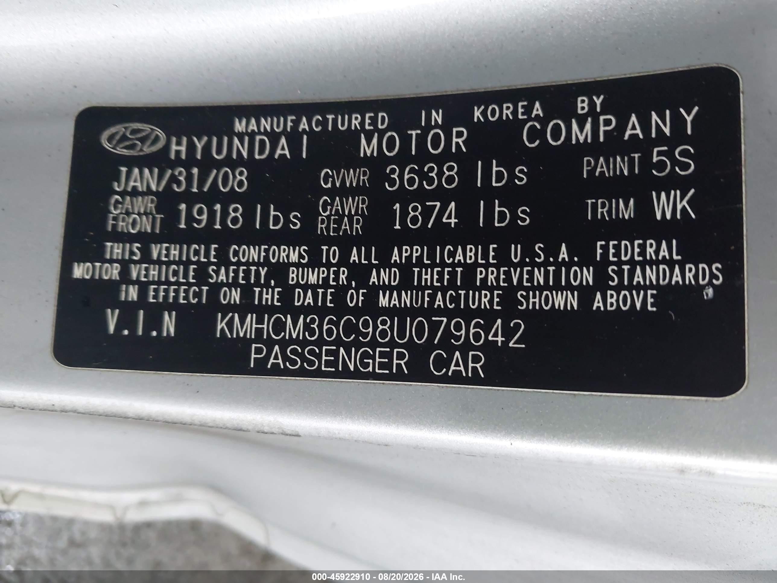 2008 Hyundai Accent Gs Gray vin: KMHCM36C98U079642