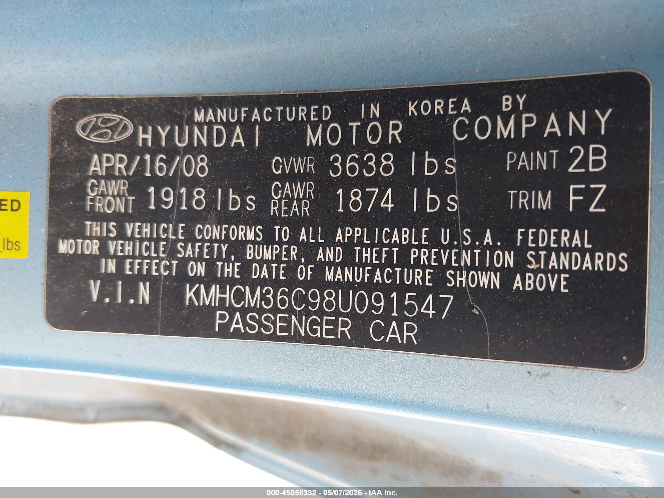 2008 Hyundai Accent Gs Синий vin: KMHCM36C98U091547