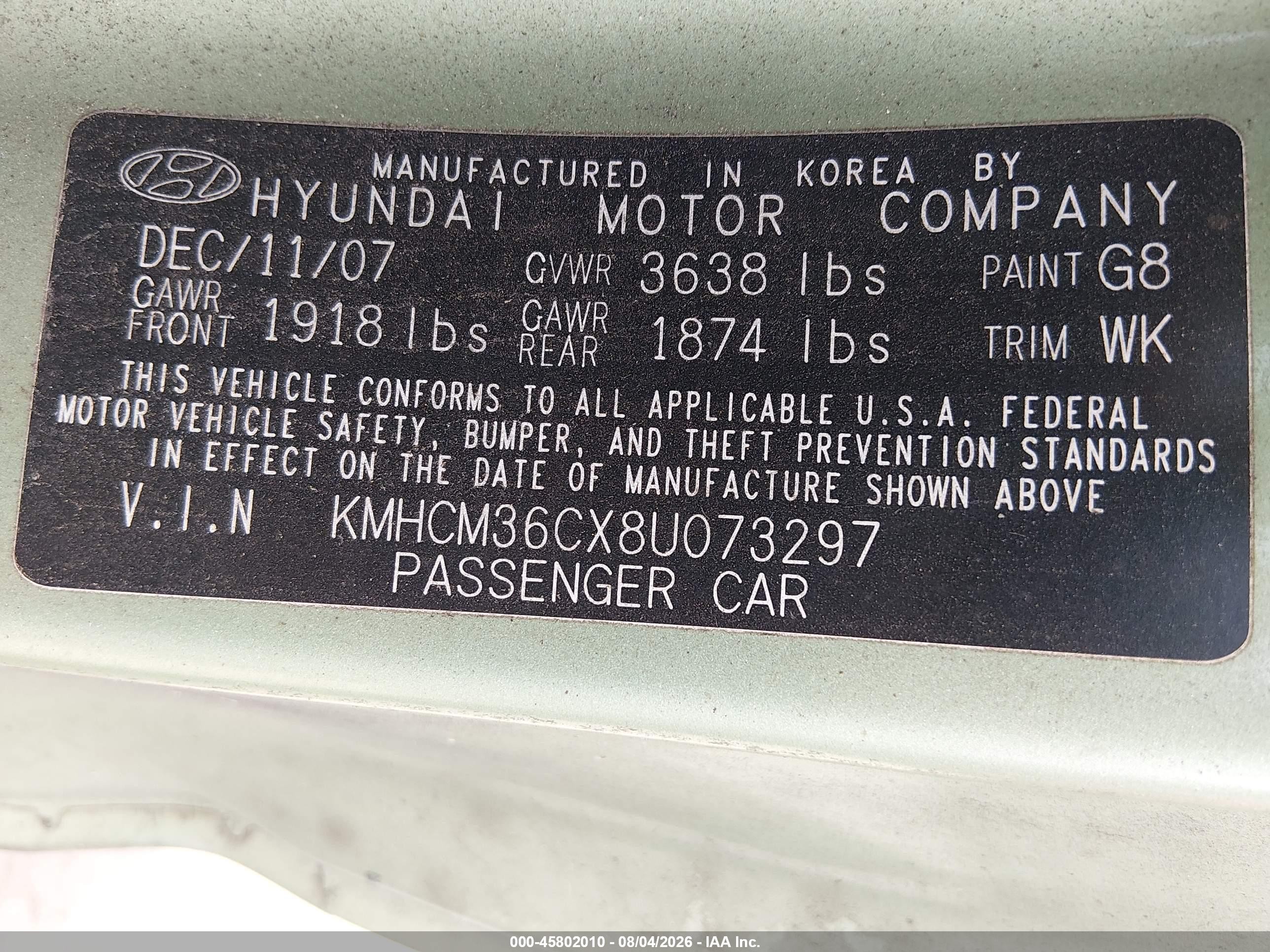 2008 Hyundai Accent Gs Green vin: KMHCM36CX8U073297