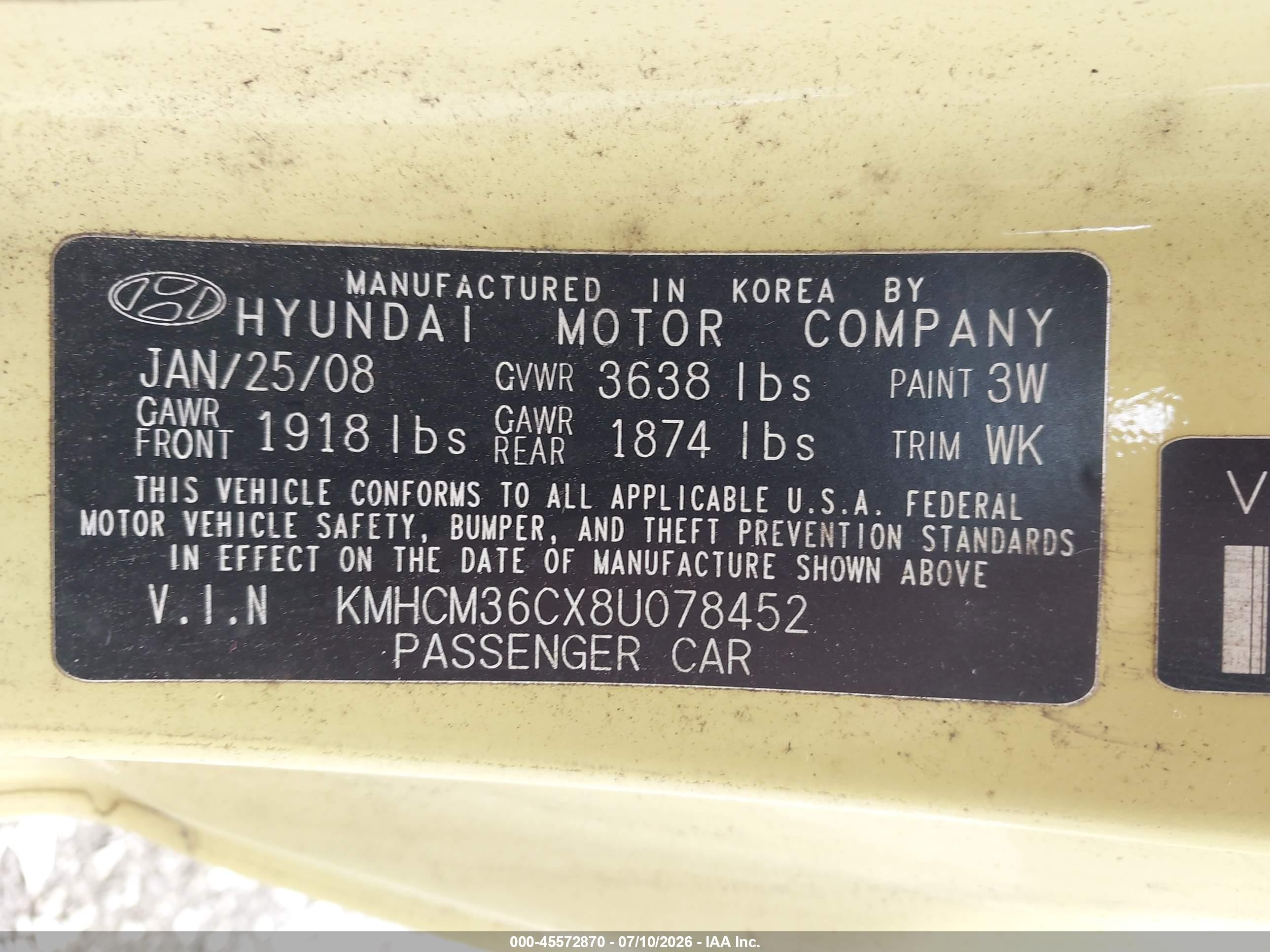 2008 Hyundai Accent Gs Yellow vin: KMHCM36CX8U078452