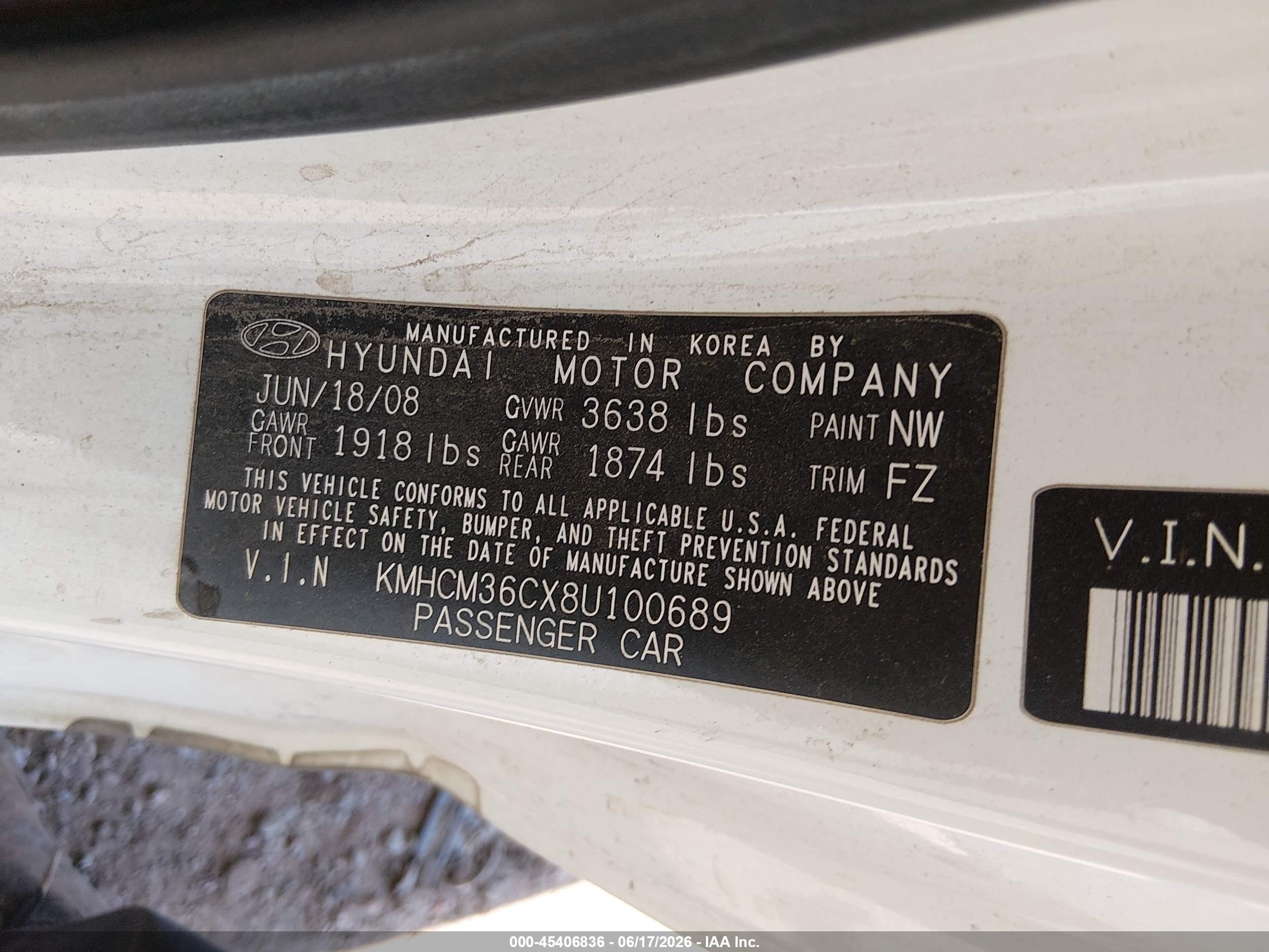 2008 Hyundai Accent Gs White vin: KMHCM36CX8U100689
