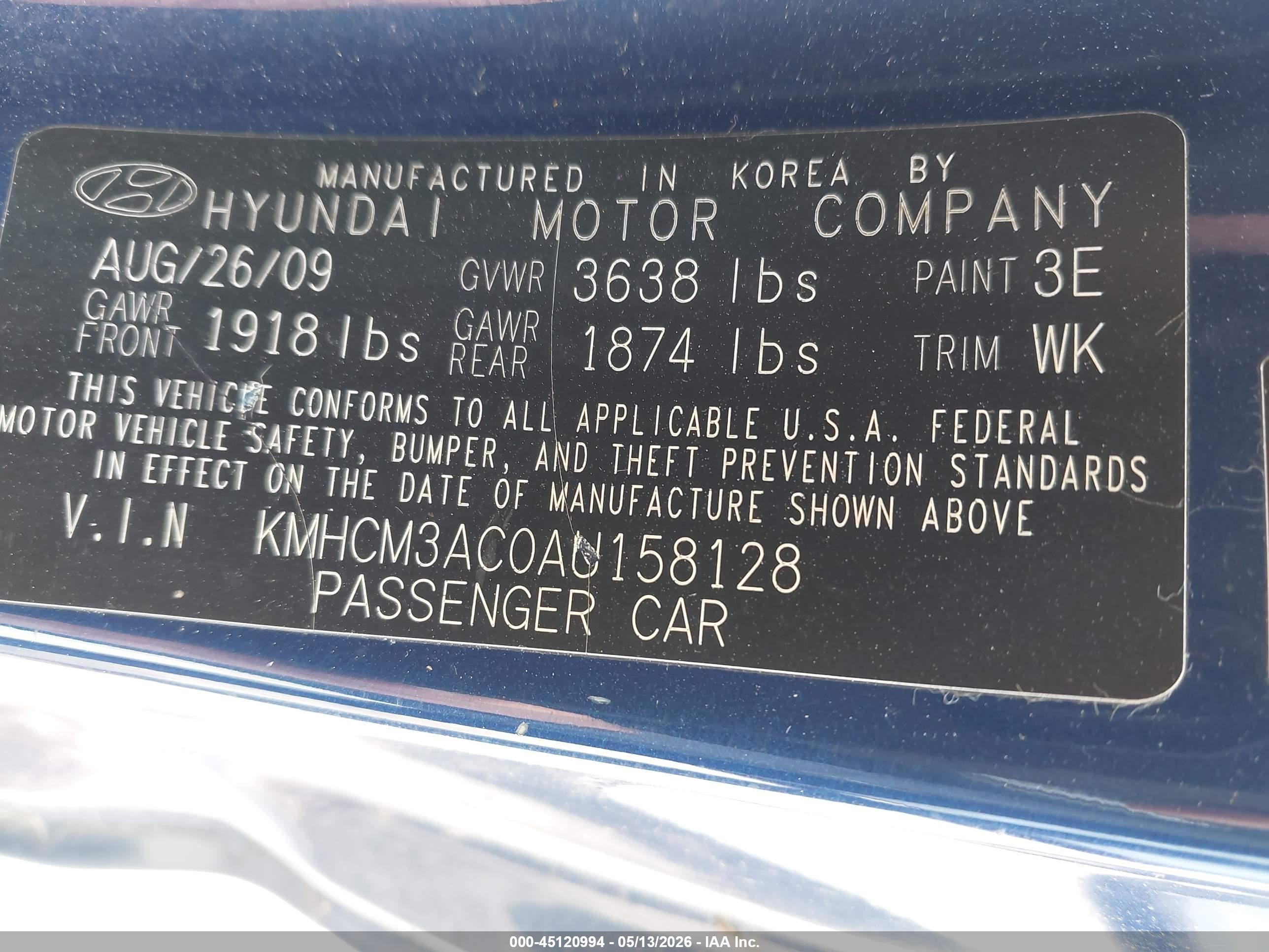 2010 Hyundai Accent Gs Blue vin: KMHCM3AC0AU158128