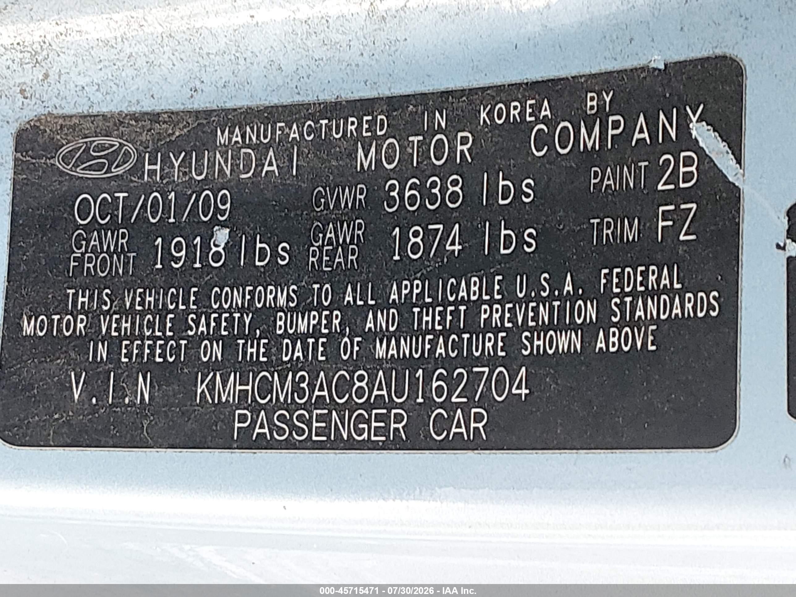2010 Hyundai Accent Gs Blue vin: KMHCM3AC8AU162704