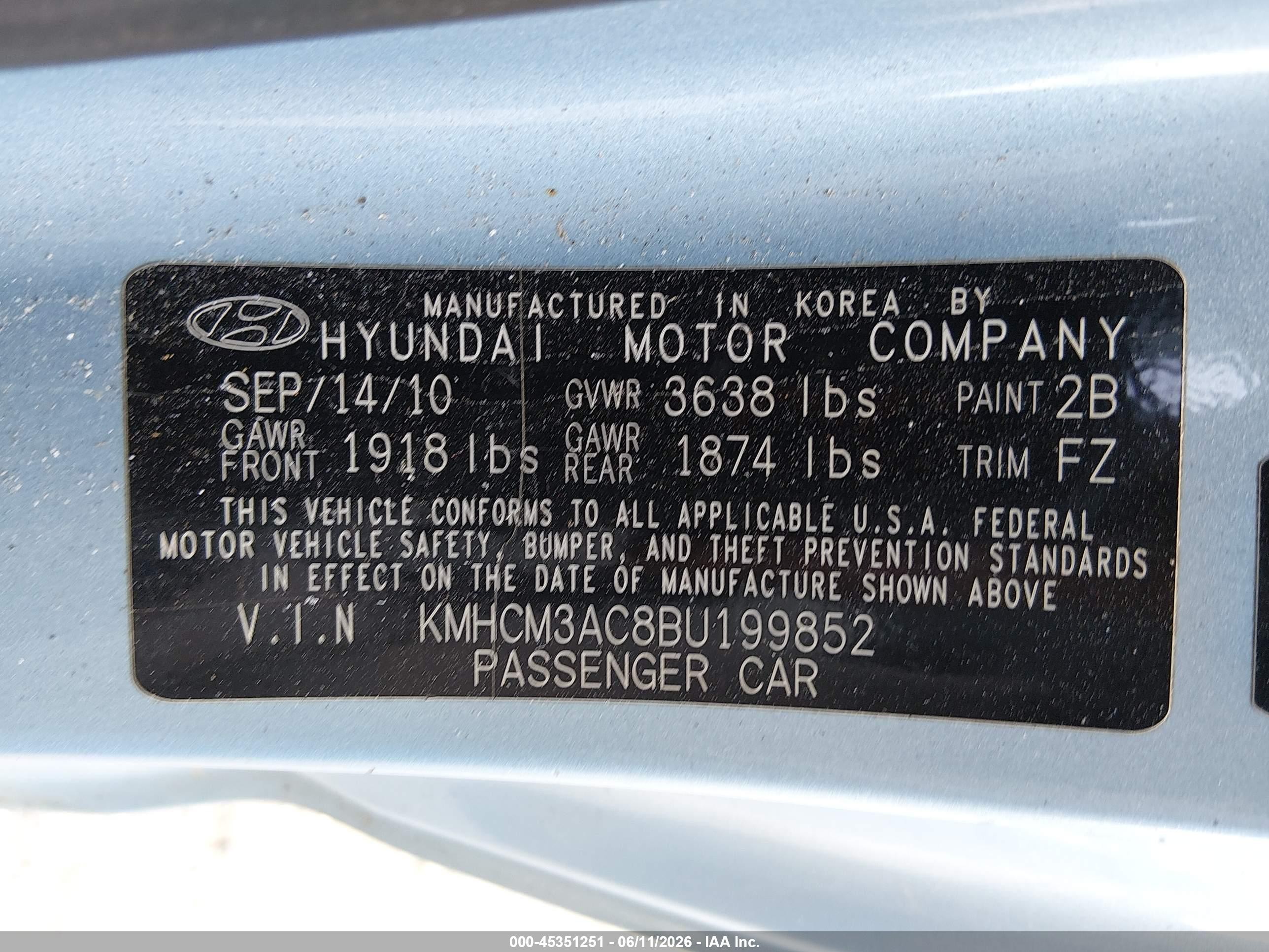 2011 Hyundai Accent Gs Blue vin: KMHCM3AC8BU199852