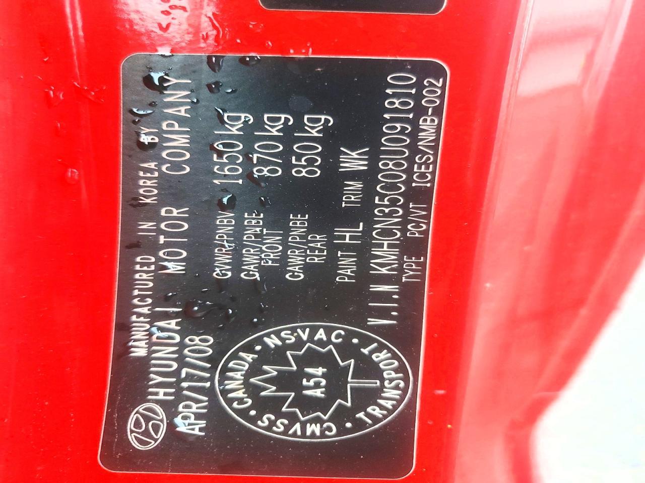 2008 Hyundai Accent Base Red vin: KMHCN35C08U091810