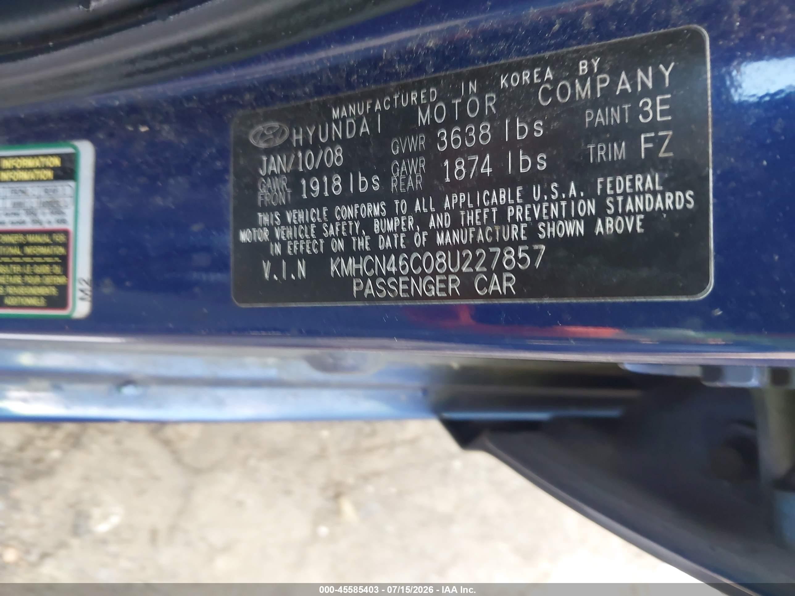 2008 Hyundai Accent Gls Blue vin: KMHCN46C08U227857