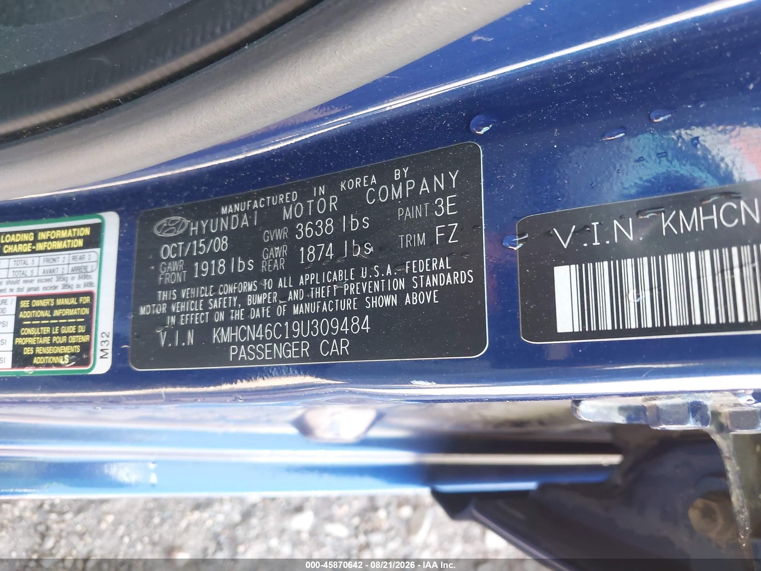 2009 Hyundai Accent Gls Blue vin: KMHCN46C19U309484