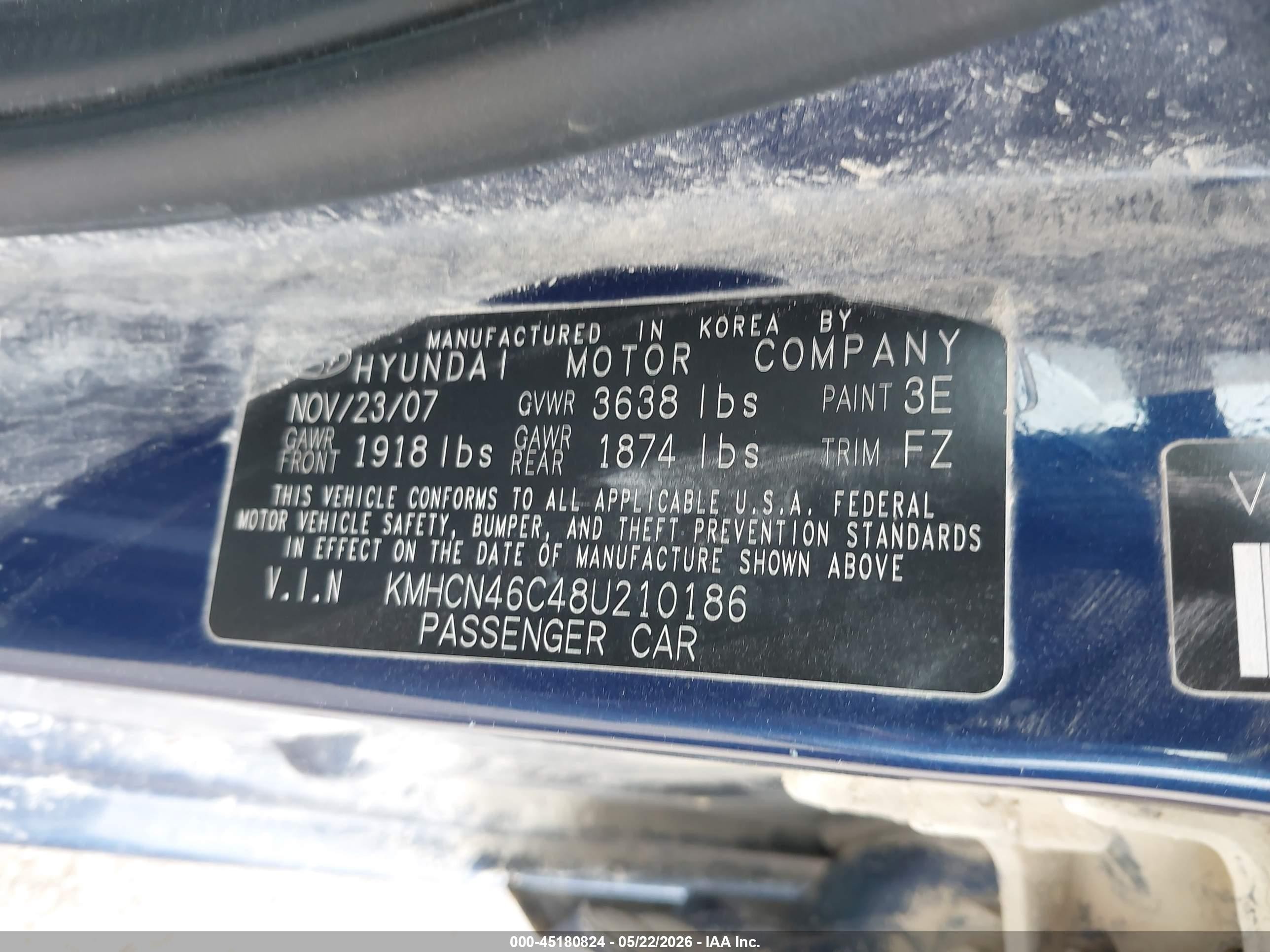 2008 Hyundai Accent Gls Blue vin: KMHCN46C48U210186