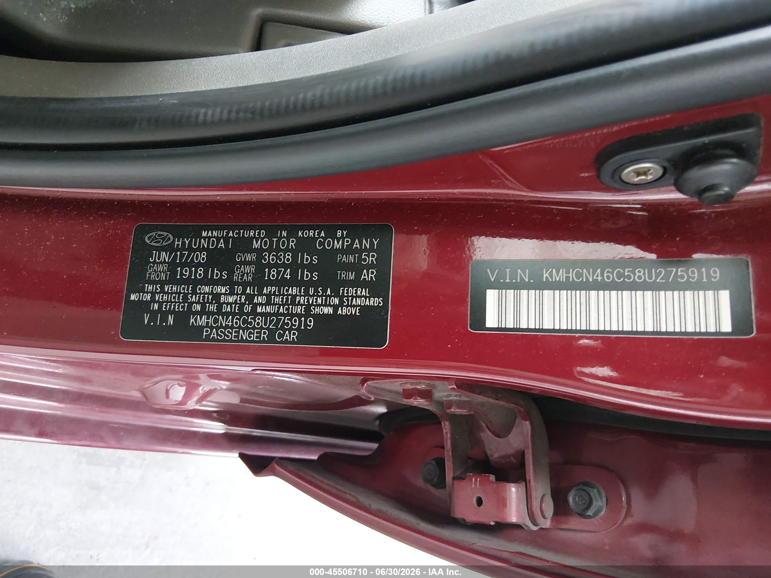 2008 Hyundai Accent Gls Burgundy vin: KMHCN46C58U275919