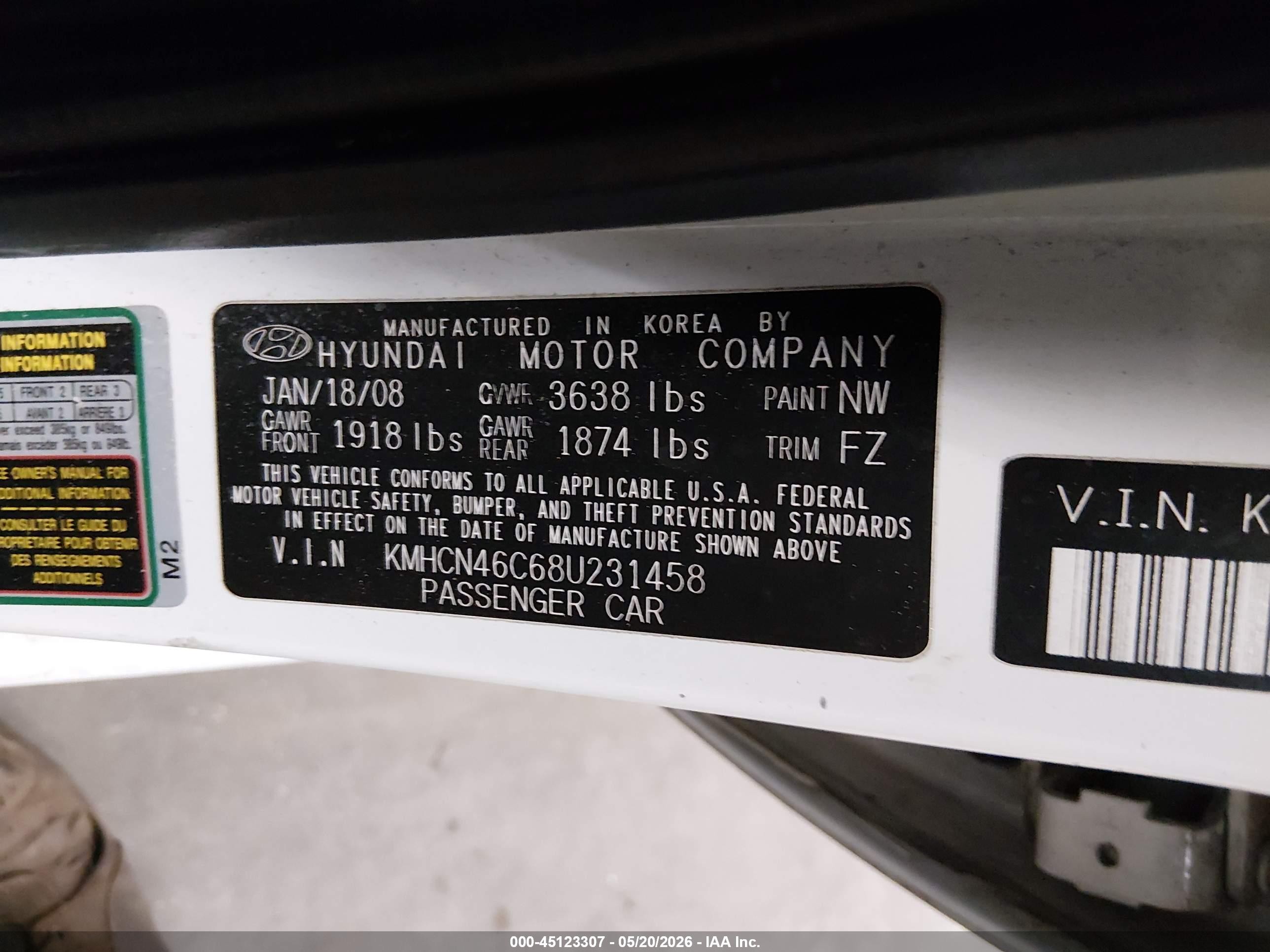 2008 Hyundai Accent Gls White vin: KMHCN46C68U231458
