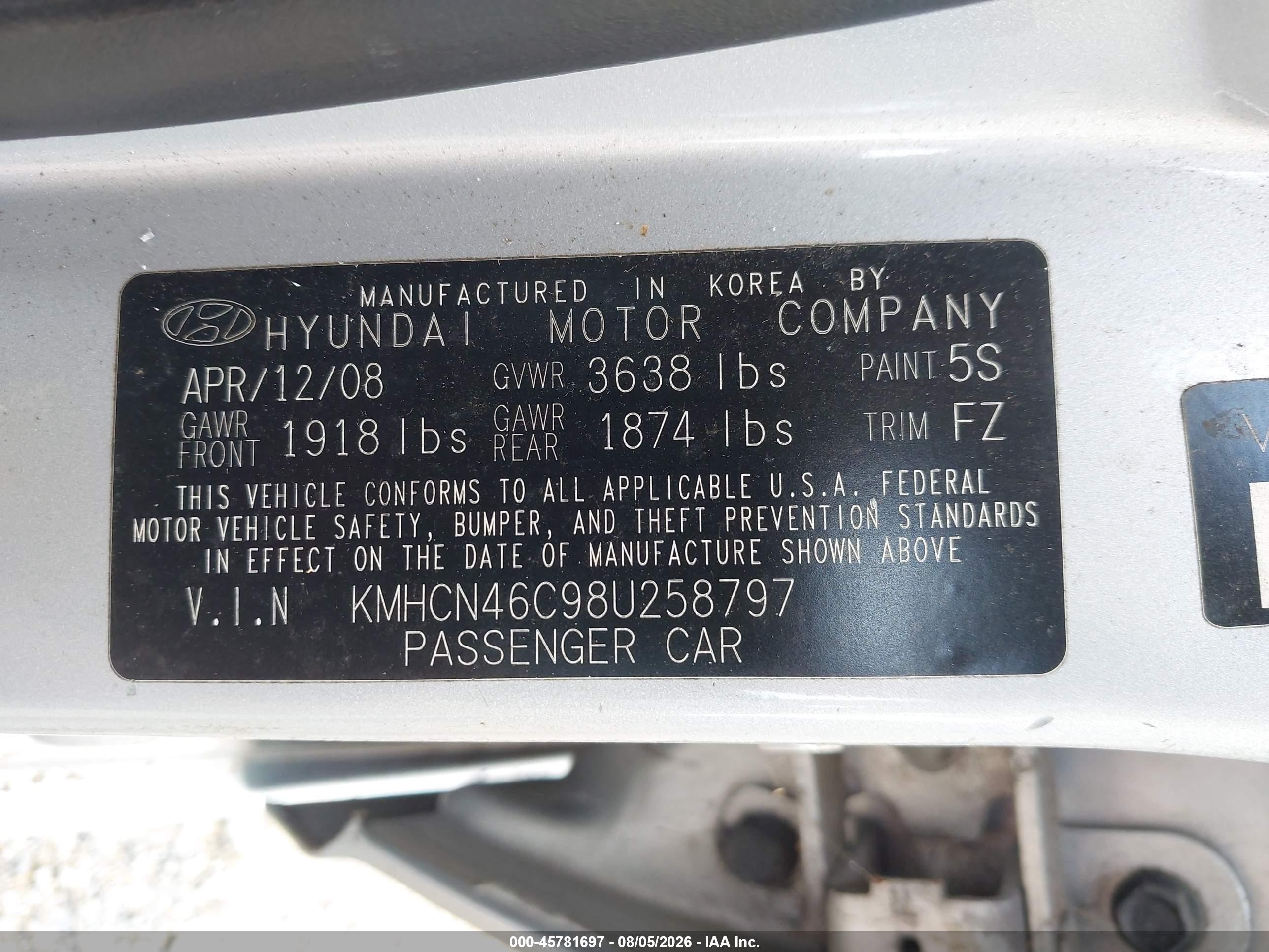 2008 Hyundai Accent Gls Серебряный vin: KMHCN46C98U258797