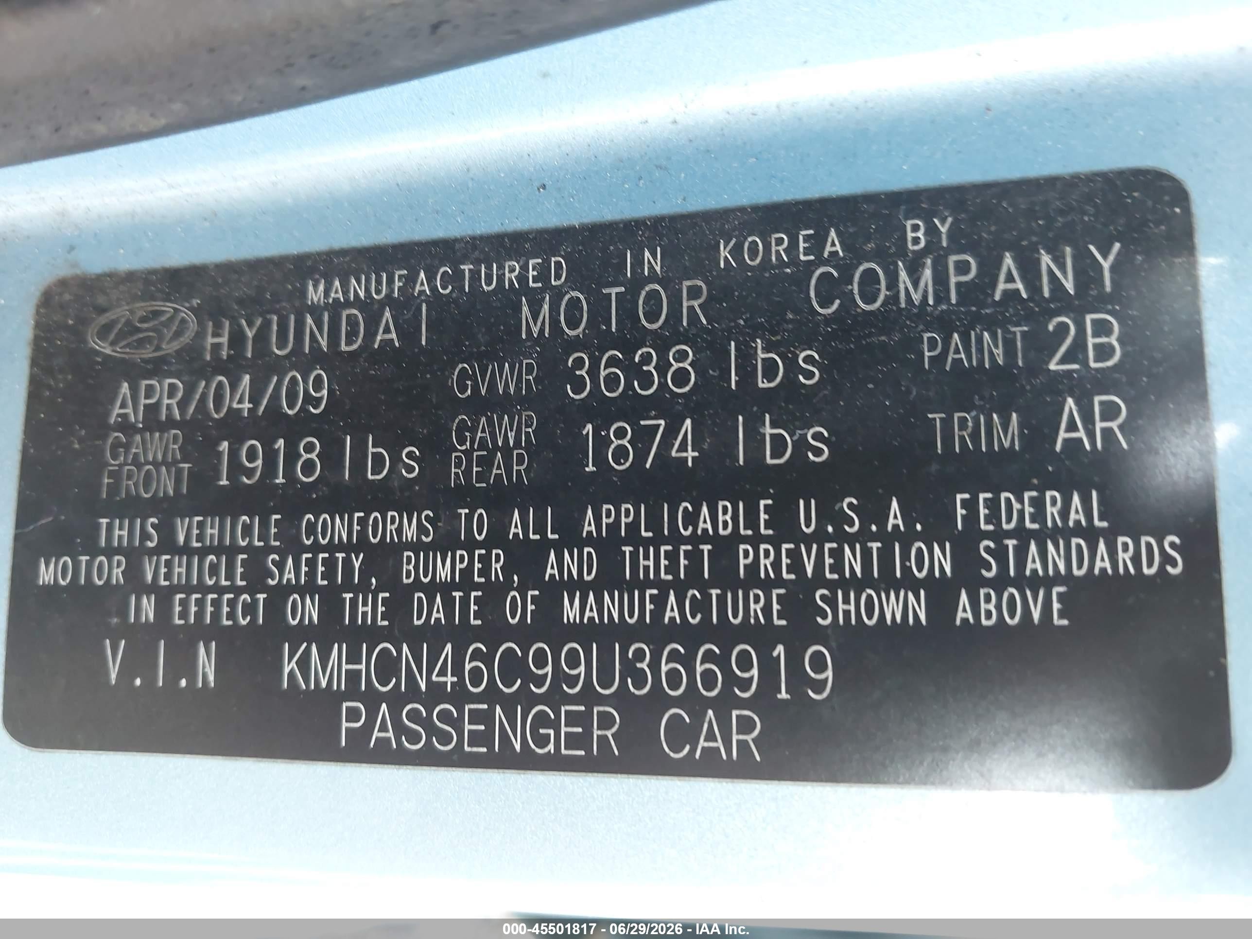2009 Hyundai Accent Gls Blue vin: KMHCN46C99U366919