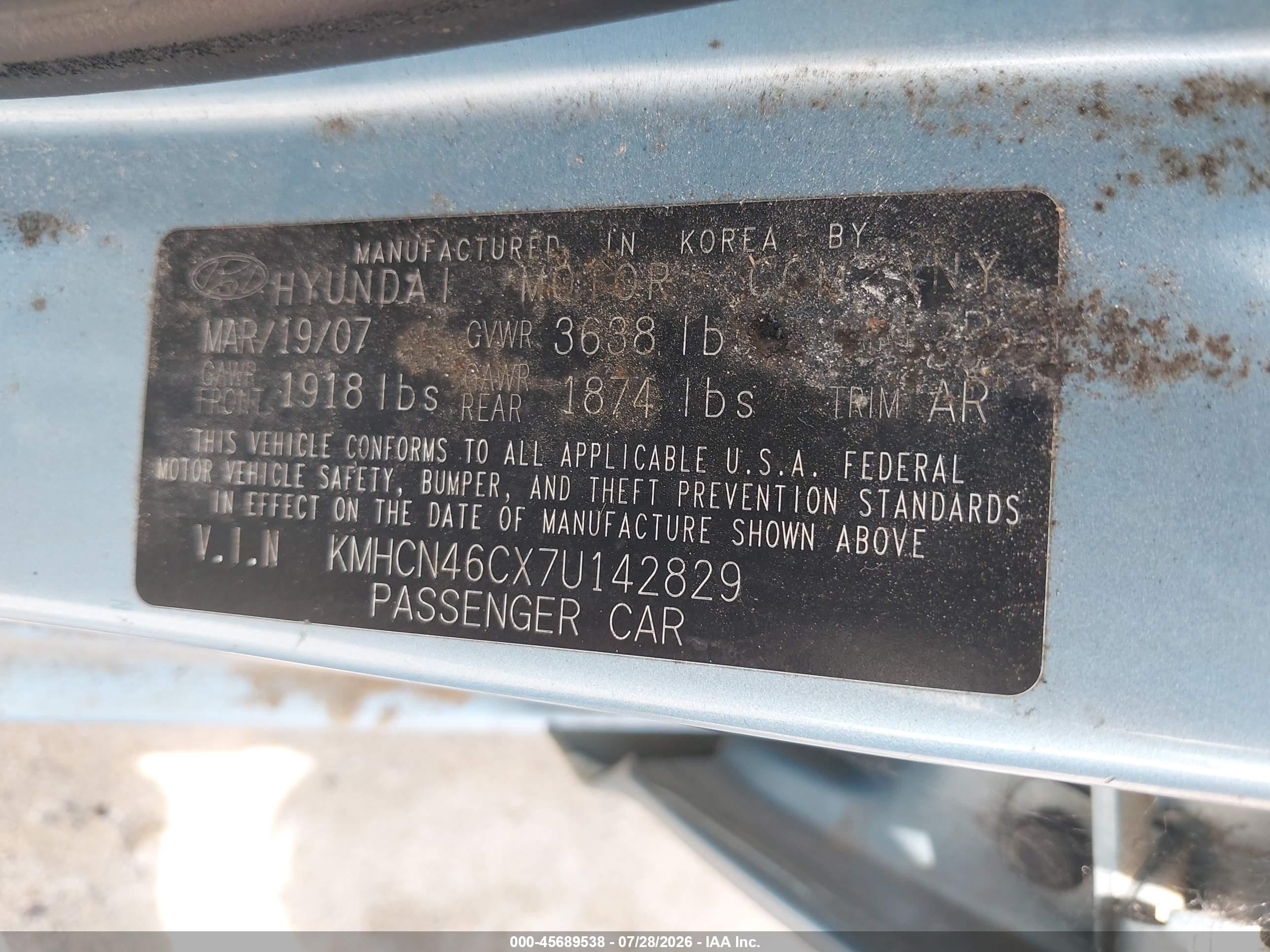 2007 Hyundai Accent Gls Blue vin: KMHCN46CX7U142829