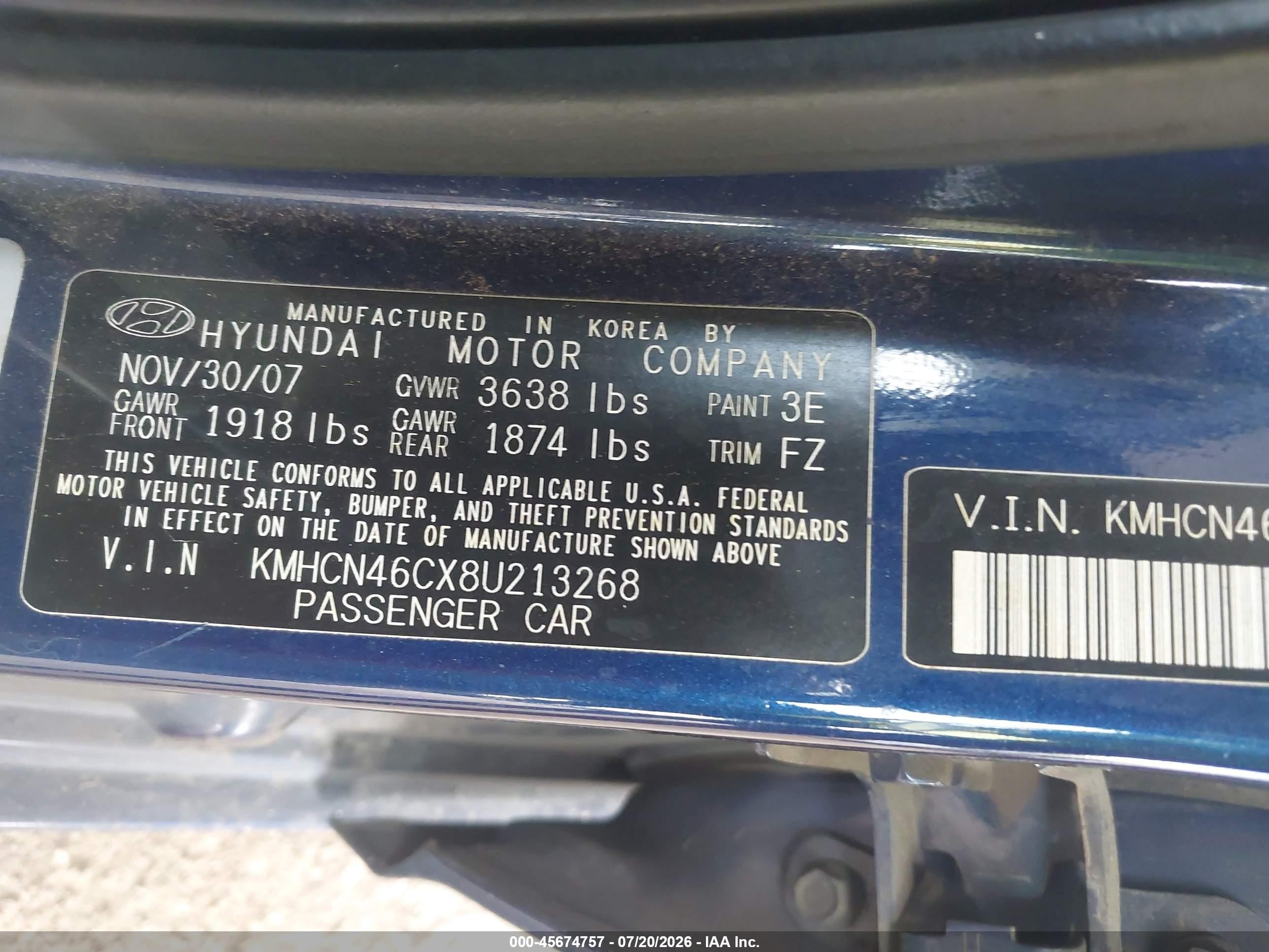 2008 Hyundai Accent Gls Blue vin: KMHCN46CX8U213268