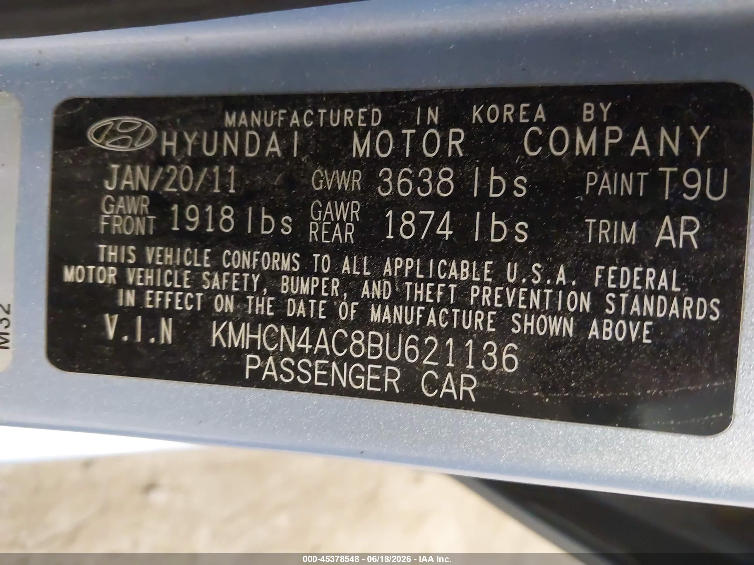 2011 Hyundai Accent Gls Light Blue vin: KMHCN4AC8BU621136