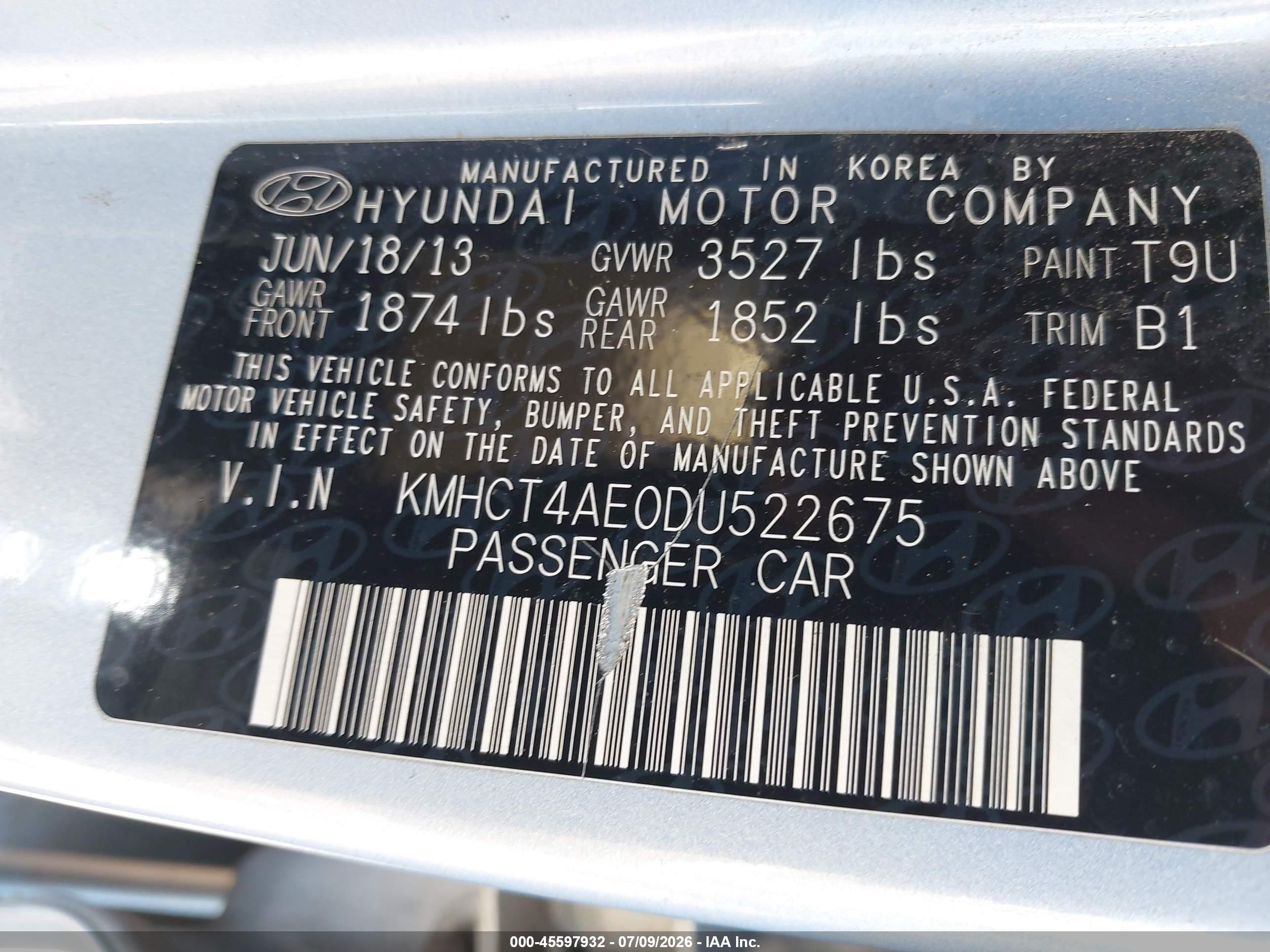 2013 Hyundai Accent Gls Light Blue vin: KMHCT4AE0DU522675