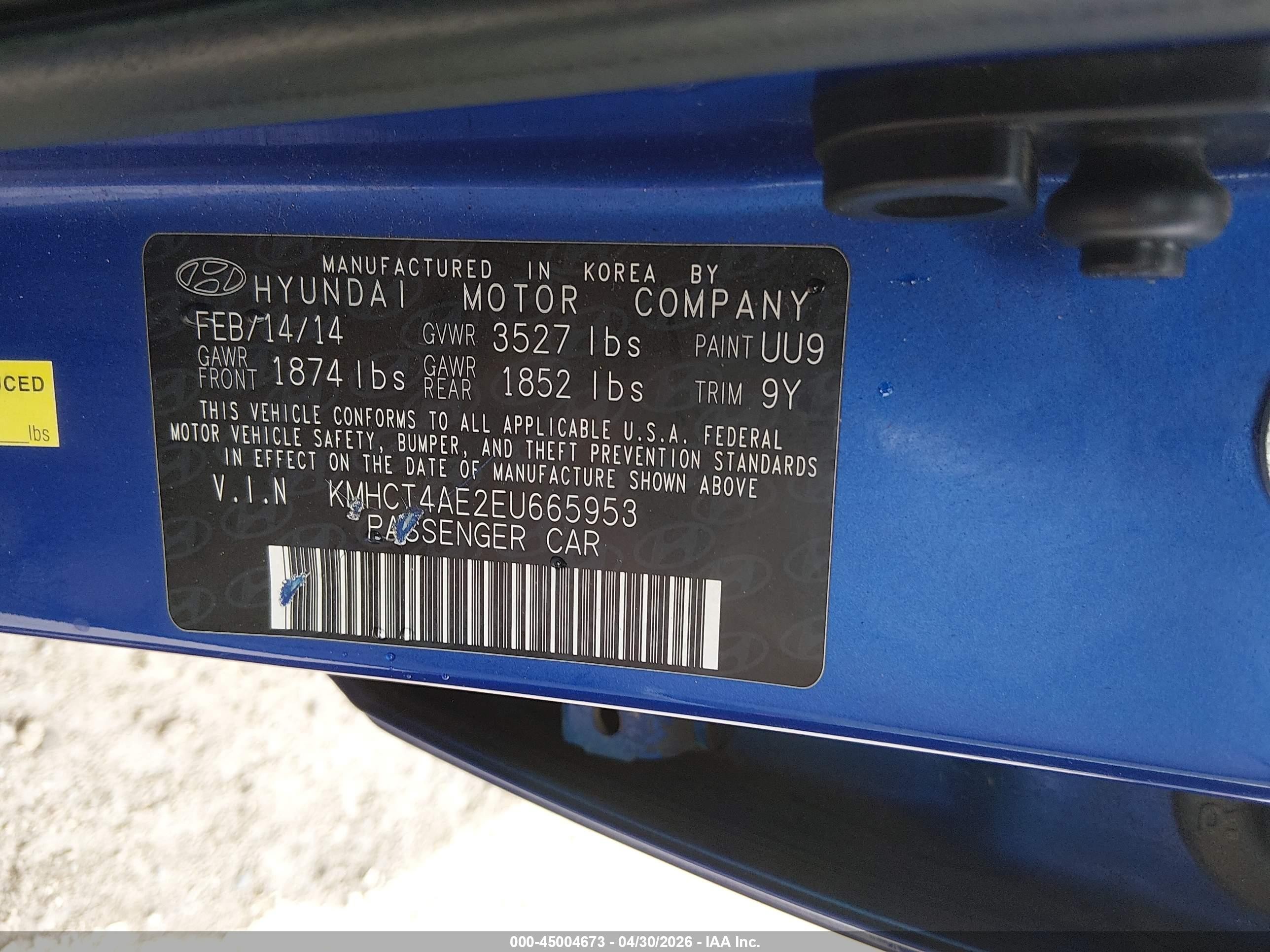 2014 Hyundai Accent Gls Blue vin: KMHCT4AE2EU665953