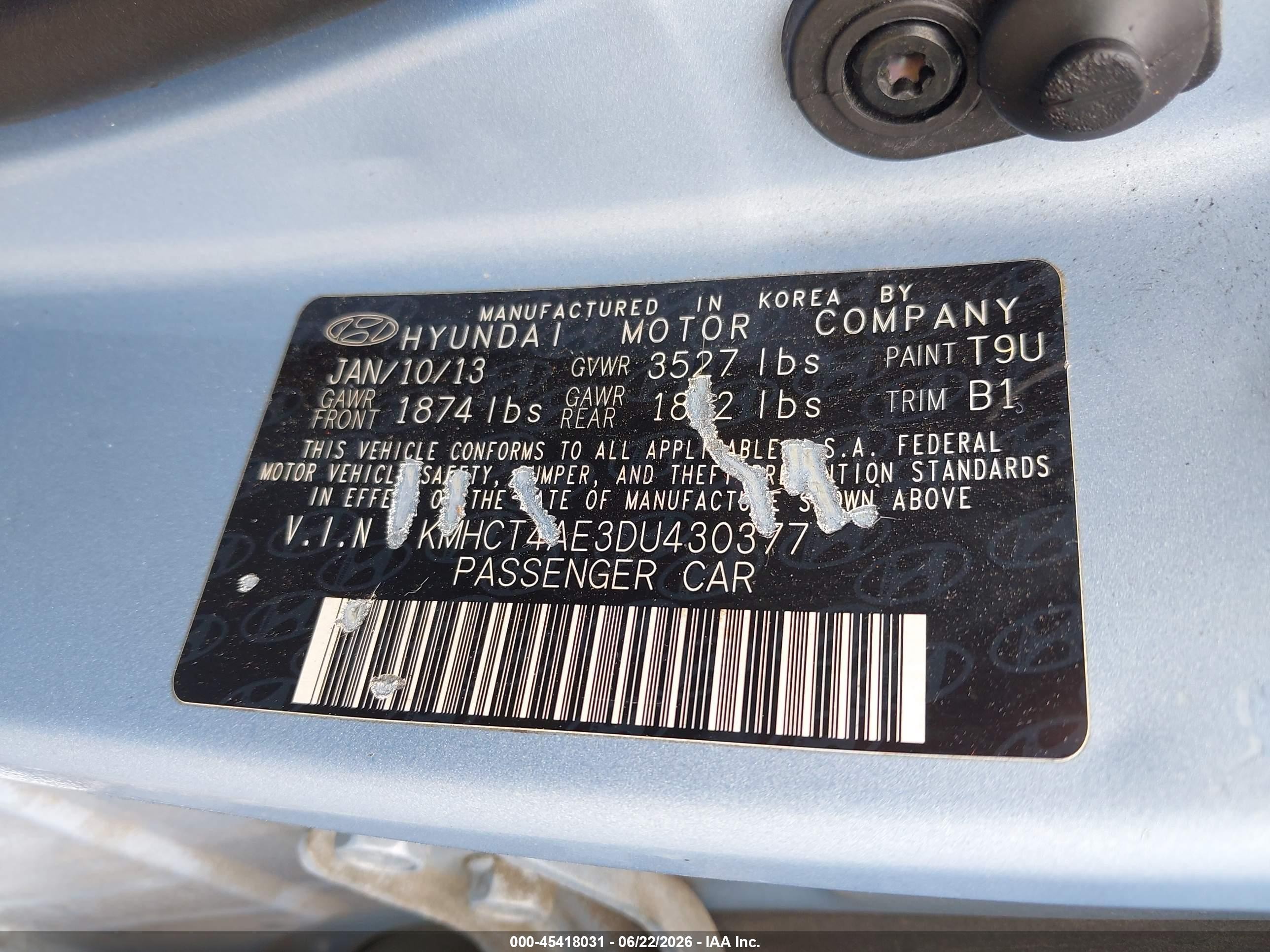 2013 Hyundai Accent Gls Light Blue vin: KMHCT4AE3DU430377
