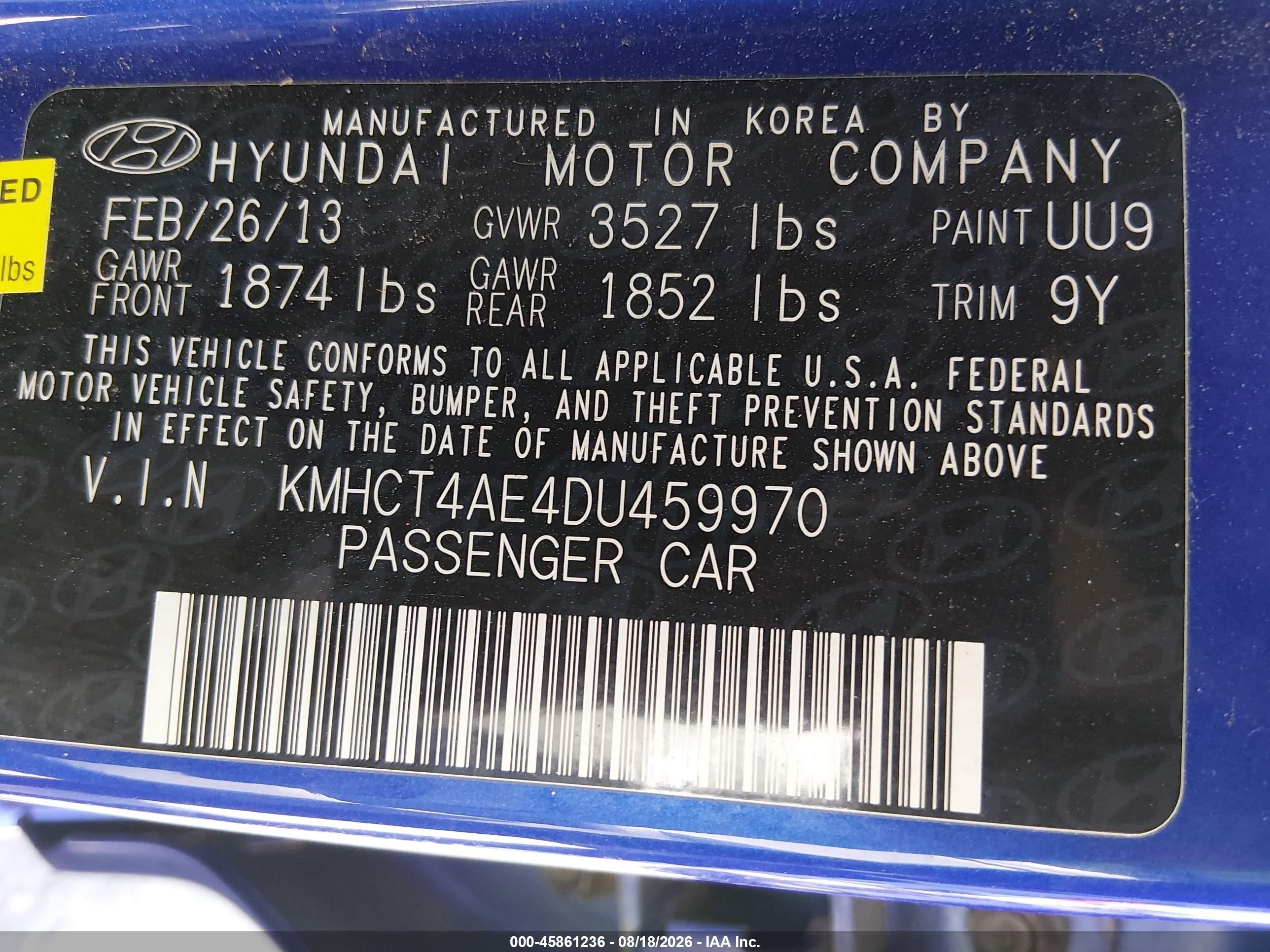 2013 Hyundai Accent Gls Blue vin: KMHCT4AE4DU459970