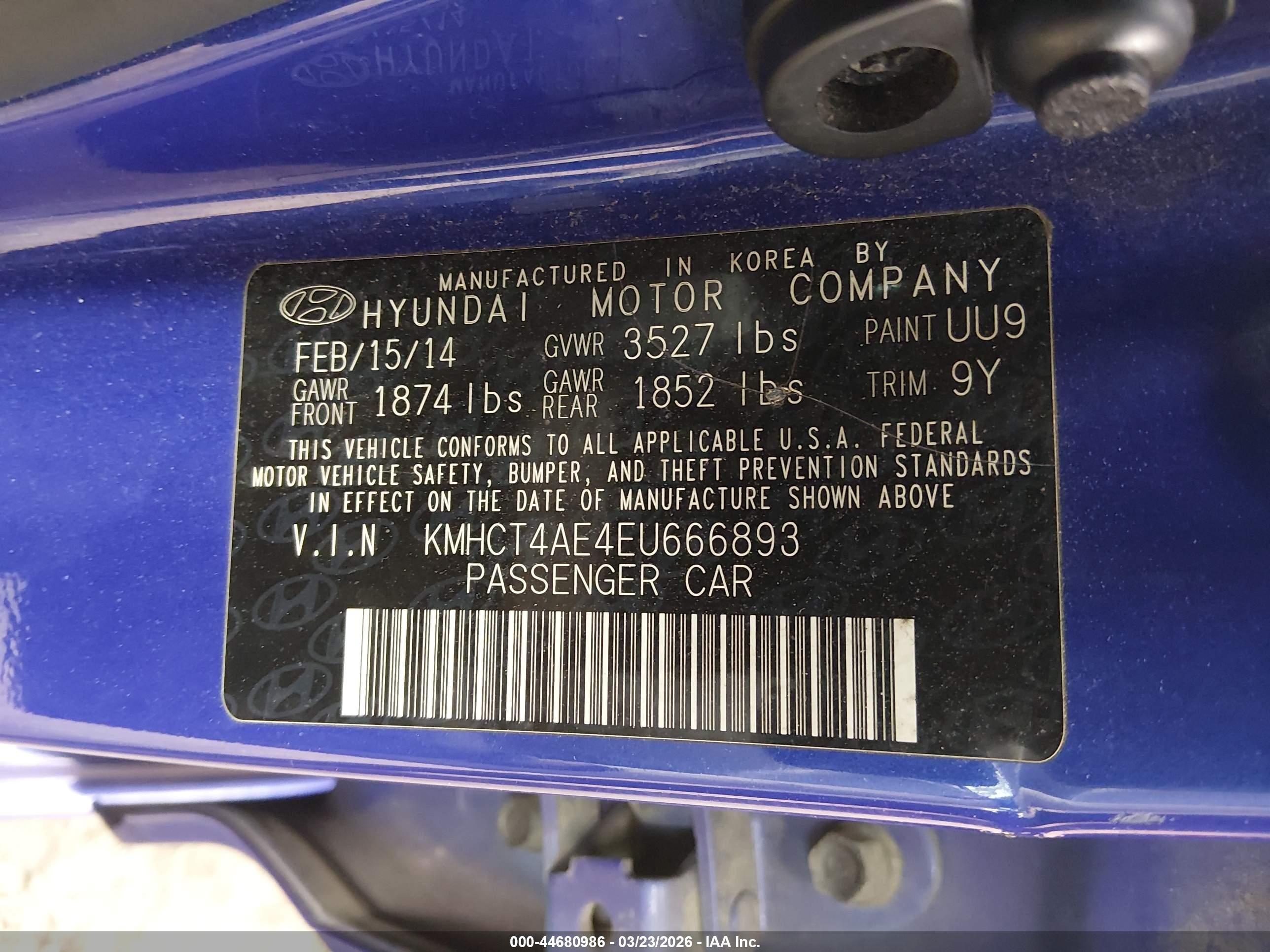 2014 Hyundai Accent Gls Blue vin: KMHCT4AE4EU666893