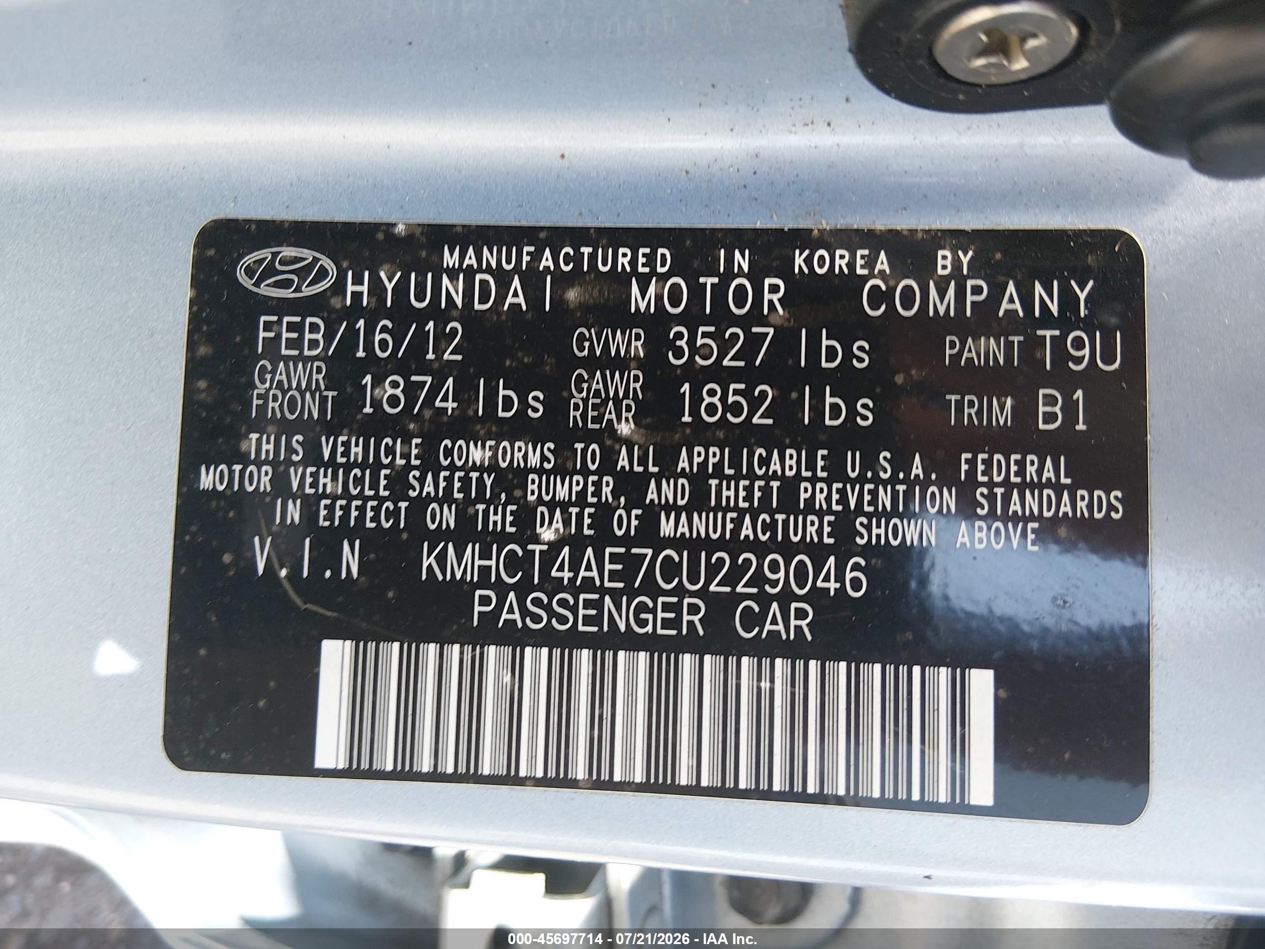 2012 Hyundai Accent Gls Light Blue vin: KMHCT4AE7CU229046