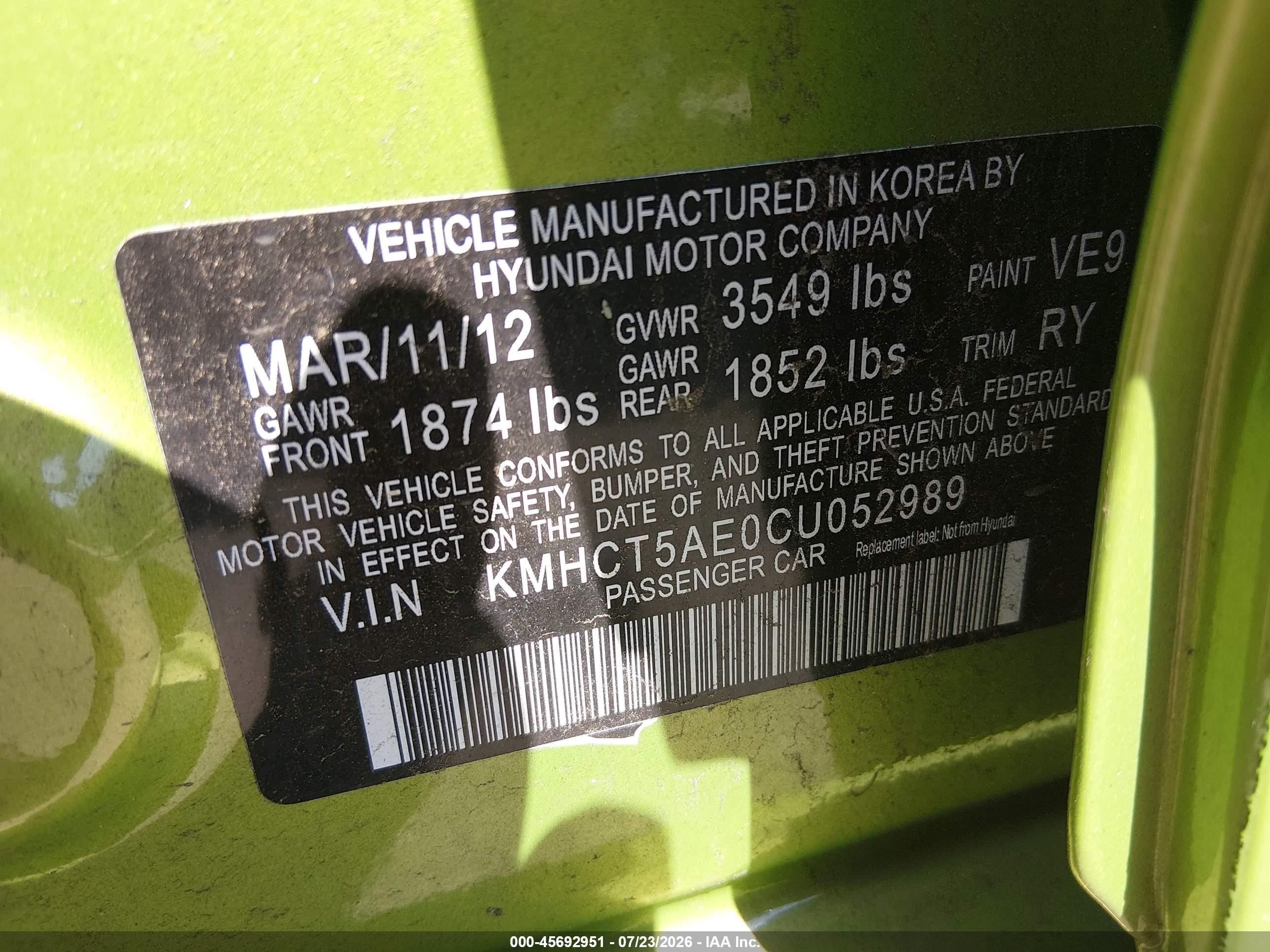 2012 Hyundai Accent Gs Green vin: KMHCT5AE0CU052989