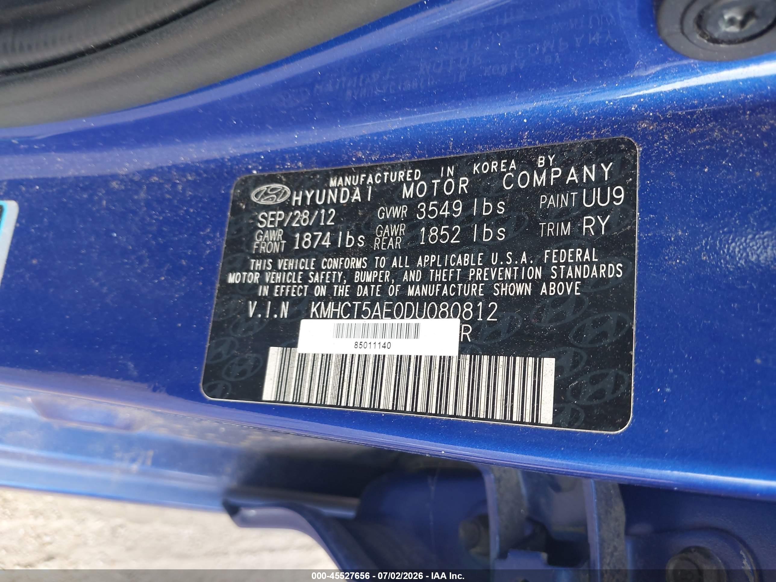 2013 Hyundai Accent Gs Blue vin: KMHCT5AE0DU080812
