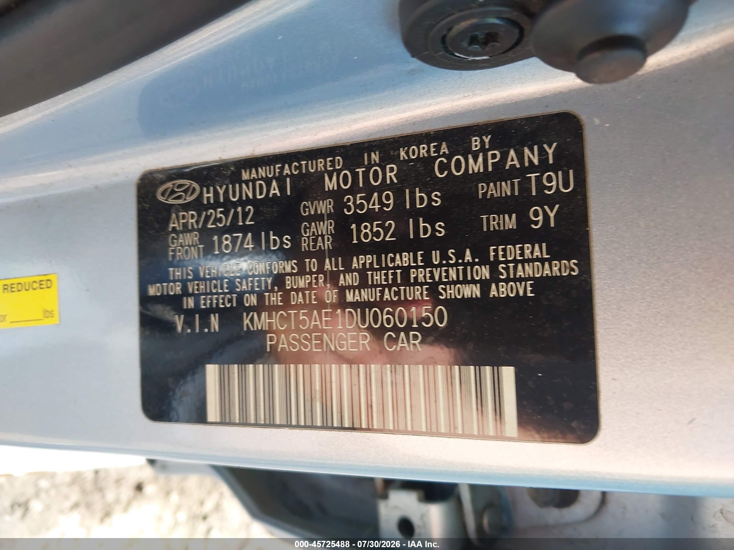 2013 Hyundai Accent Gs Light Blue vin: KMHCT5AE1DU060150