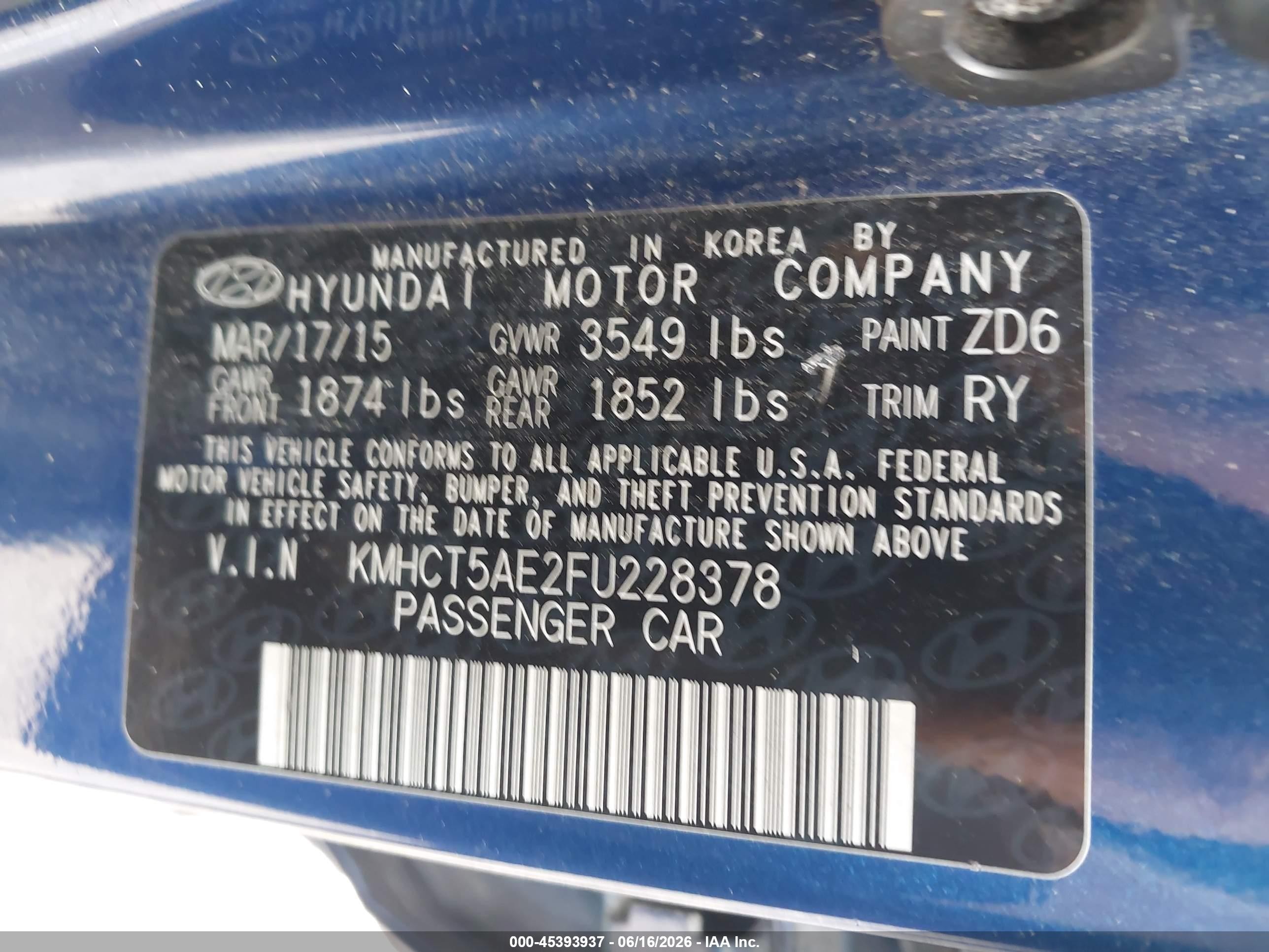 2015 Hyundai Accent Gs Blue vin: KMHCT5AE2FU228378