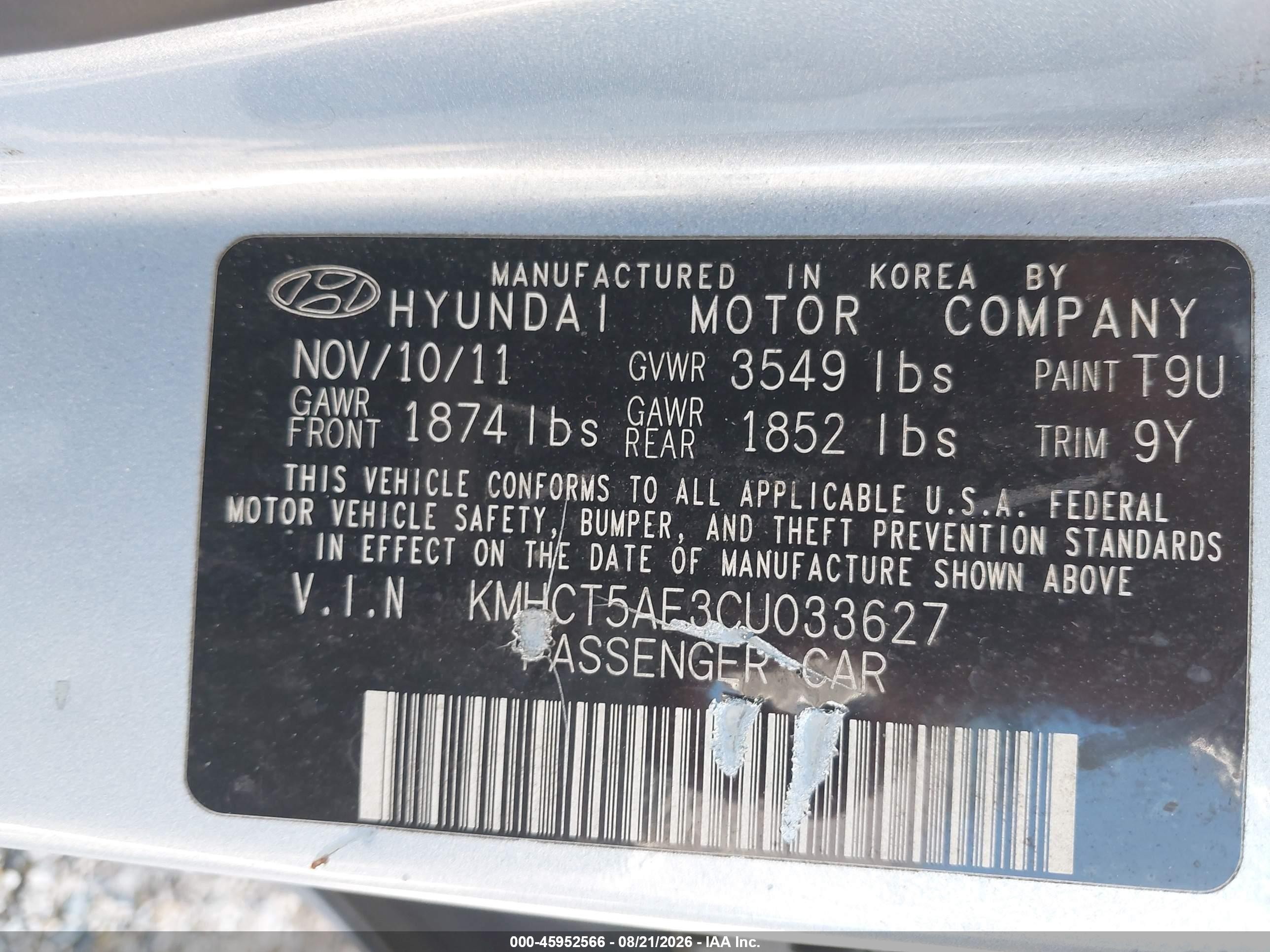 2012 Hyundai Accent Gs Blue vin: KMHCT5AE3CU033627