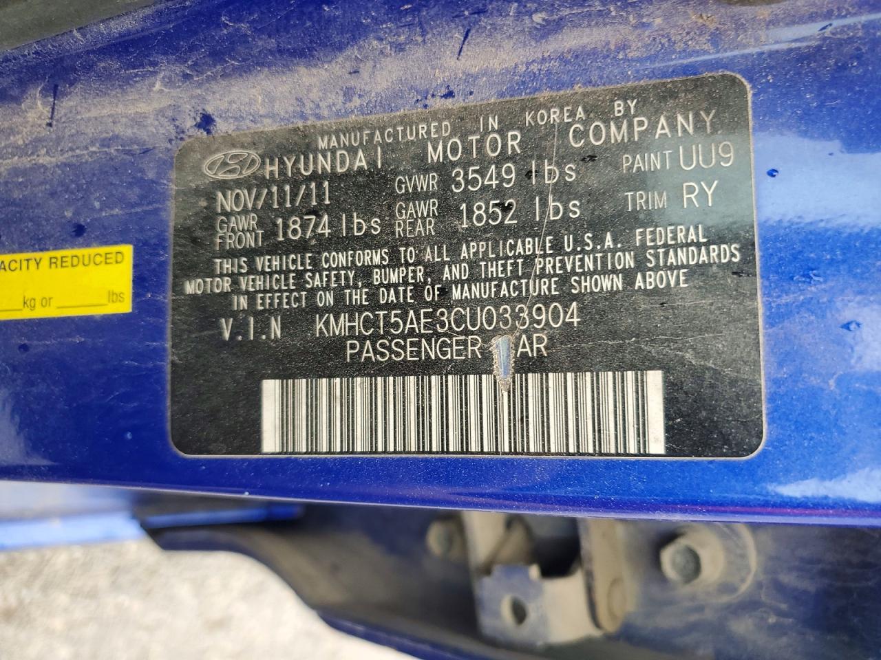 2012 Hyundai Accent Gs Blue vin: KMHCT5AE3CU033904