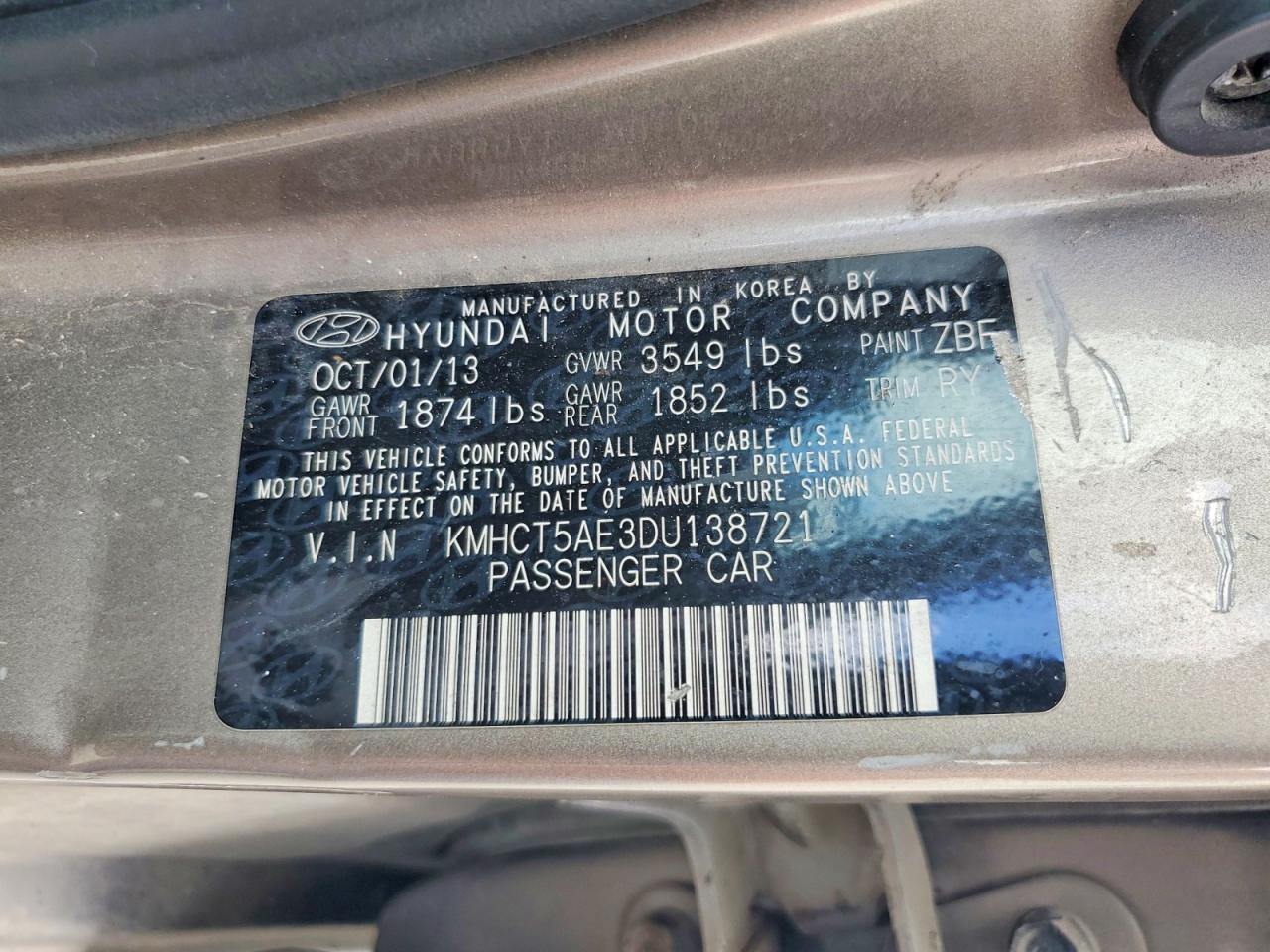 2013 Hyundai Accent Gs Tan vin: KMHCT5AE3DU138721