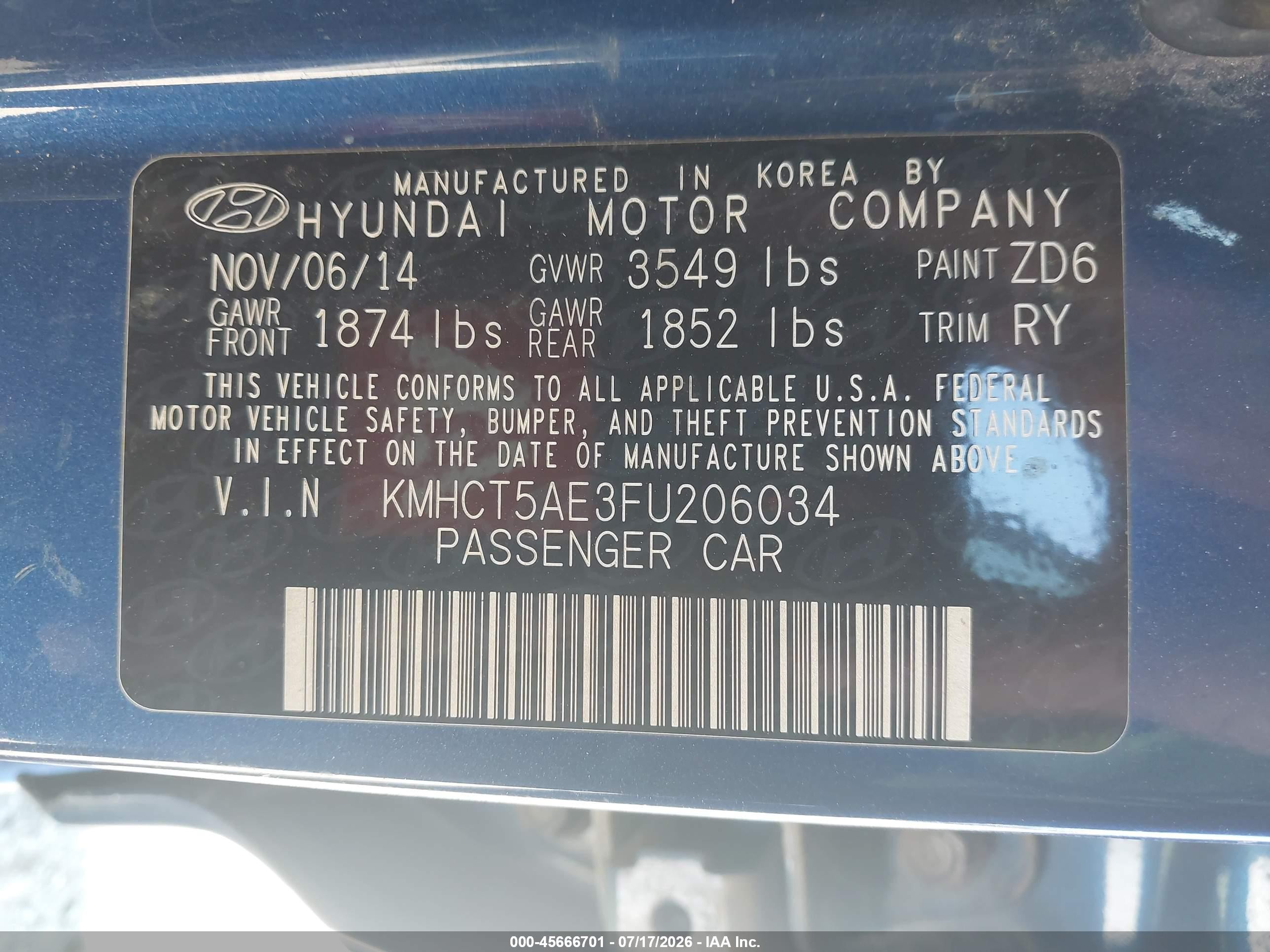2015 Hyundai Accent Gs Blue vin: KMHCT5AE3FU206034