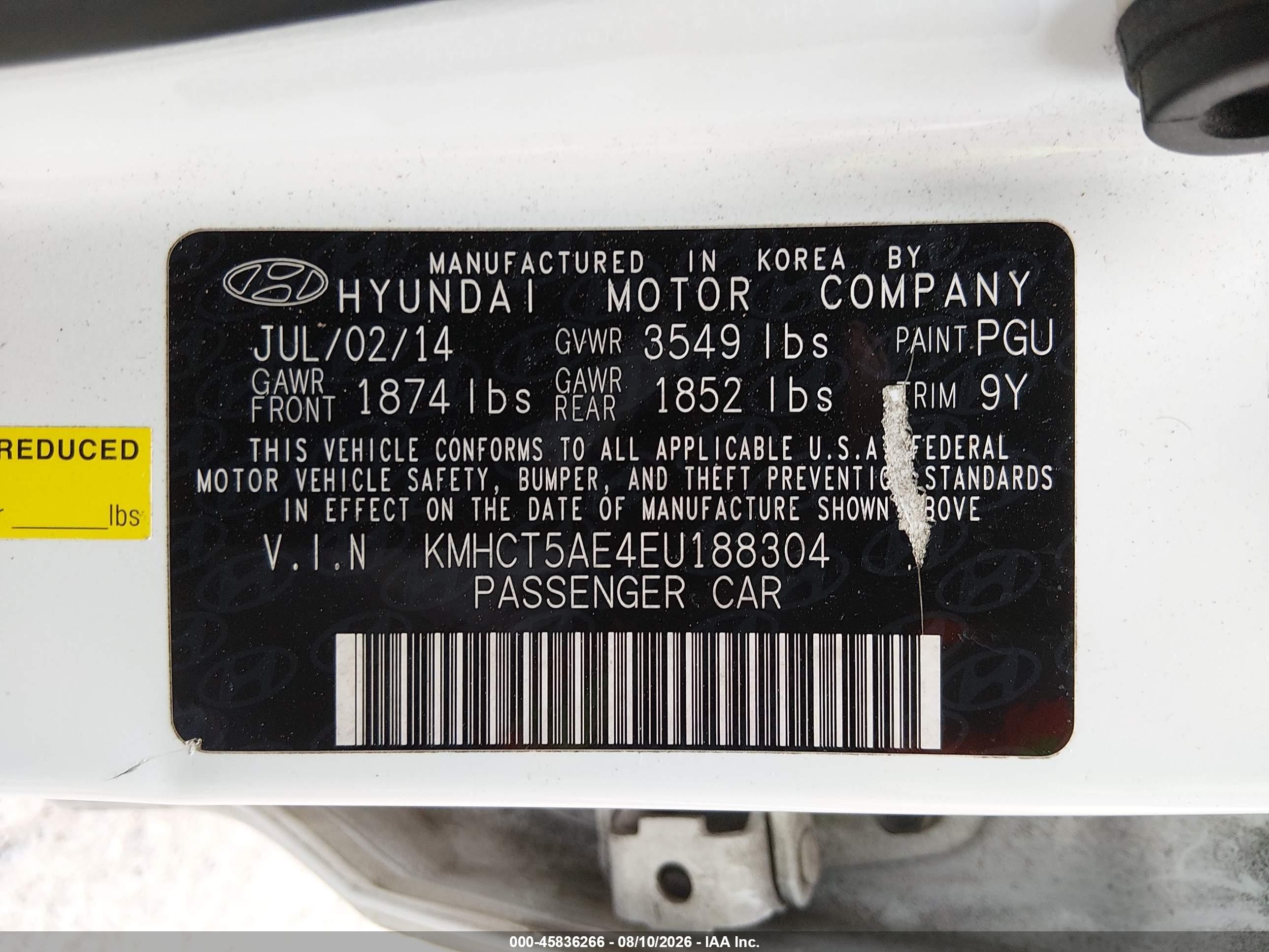 2014 Hyundai Accent Gs White vin: KMHCT5AE4EU188304